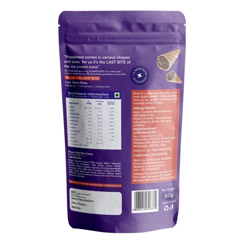 NOVANOVA Nova Nova Best Bite Choco Filled Cones | Belgian Chocolate - Pack of 2 | 100% Eggless | No Added Preservatives (100g)