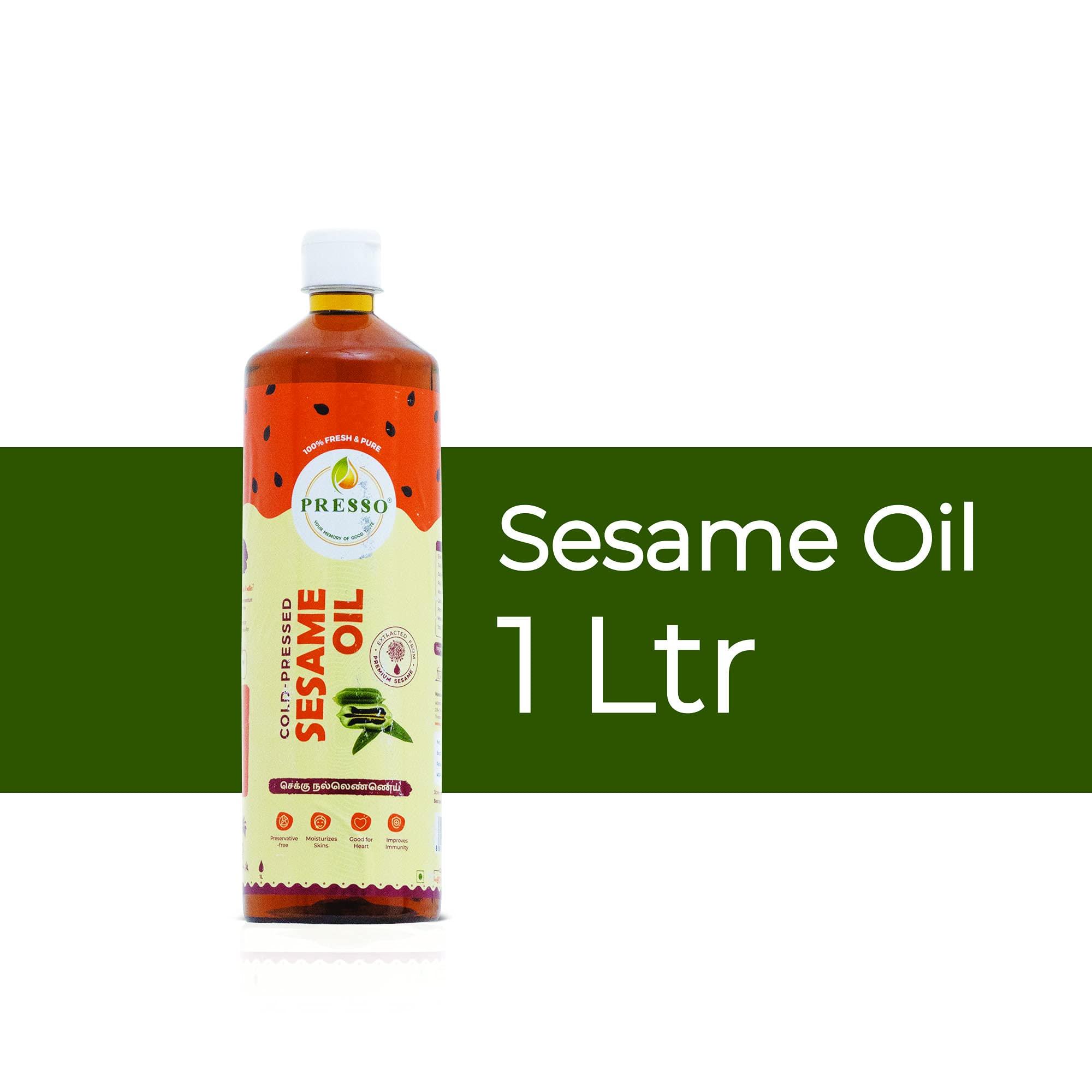 Presso PRESSO Fresh & Pure, Cold Pressed Natural Sesame (Gingelly) Oil | Chekku/Ghani | Cooking, Skin Care, Hair Care, Bone Health | Rich in Minerals | No Preservatives (1 Litre)