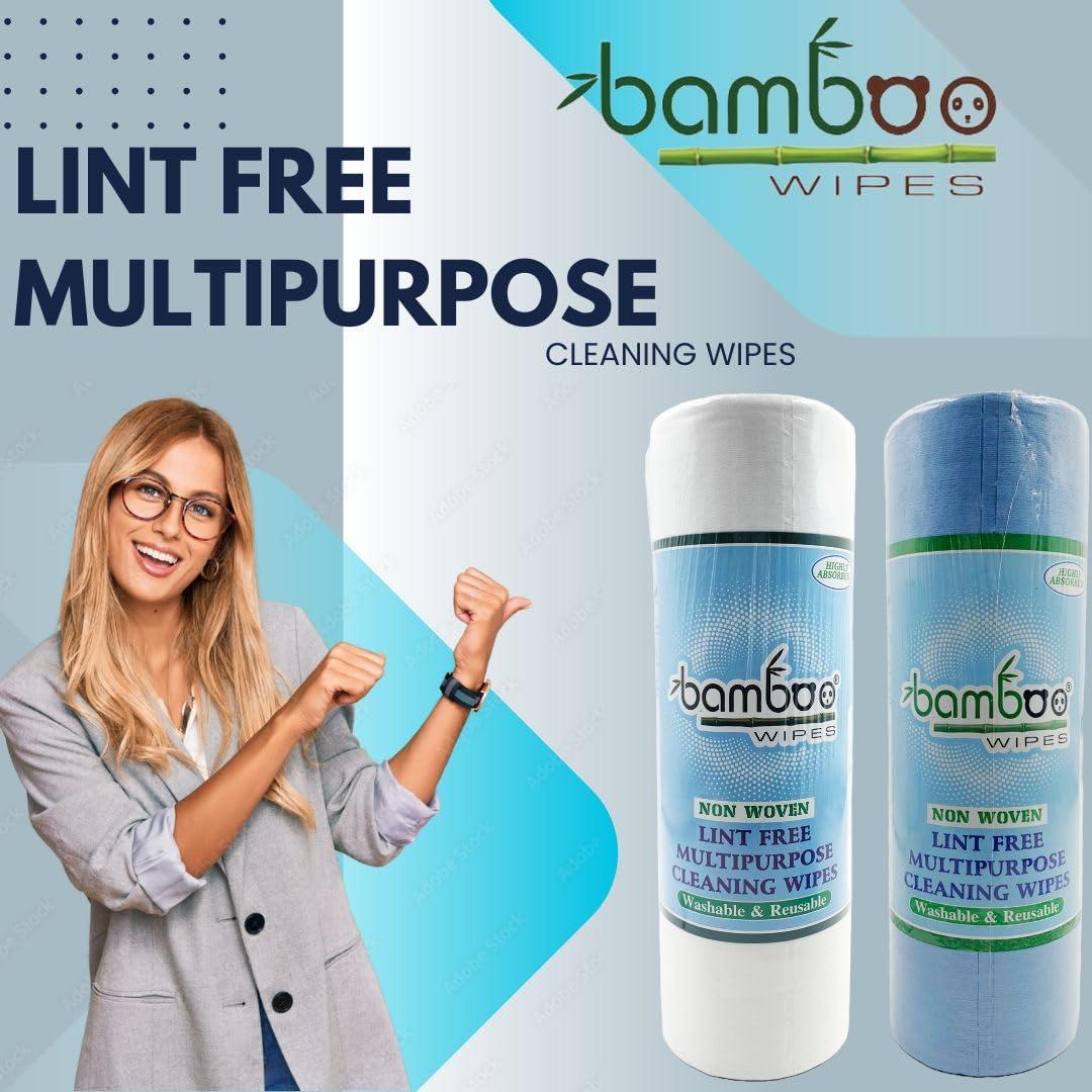 Bamboo Wipes BAMBOO WIPES | Reusable & Washable Non Woven Kitchen Lint Free Multipurpose Towel Tissue Roll| Combo Of 2 Rolls + 10 Napkins 40Cm x 40 Cm) Restaurant, Hospital, Glass Cleaning, Greese