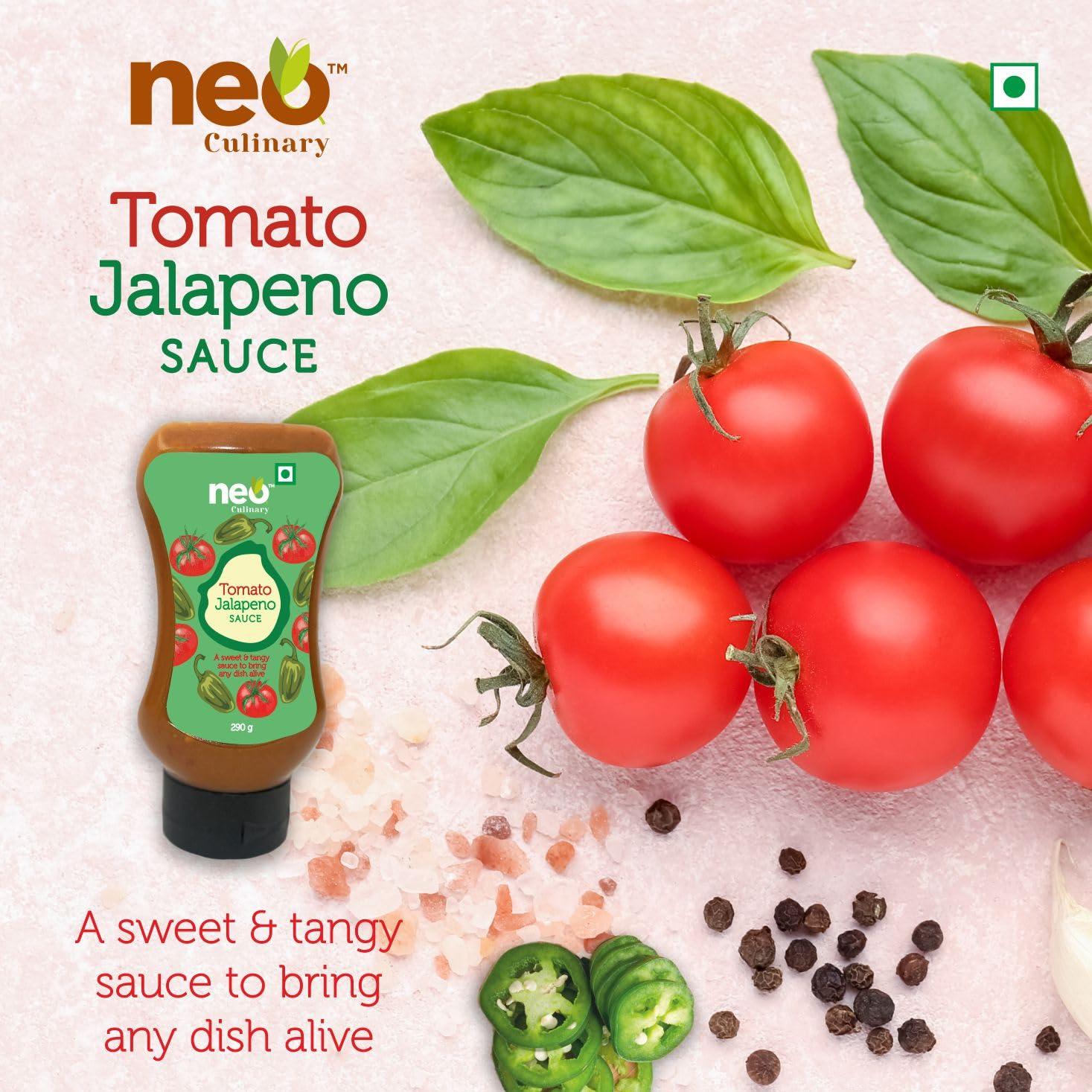 Neo Neo Tomato Jalapeno Sauce 290g I 100% Vegan I Gluten Free I Use as Dip Spread Marinade Sauce I Topping and Dip for Snacks, Spicy Sauce I Enjoy as Spread for Sandwich and Vada Pav I Pack of 1