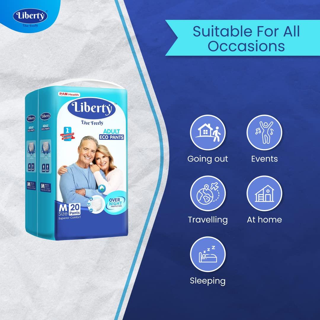 Liberty Liberty Eco Adult Diaper Pants, Medium (M) Size, 20 Count, Waist Size (61-115cm | 24-45 inches), Unisex, High Absorbency, Leak Proof, Overnight Protection, Pack of 2