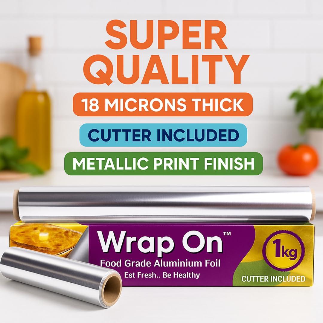 Wrap On Wrap On Aluminium Foil Paper 1 kg 18 Micron Roll for Food Packing with Cutter, Heavy Duty Foil Paper for Food Wrap Roll 1kg, Silver Aluminum Foil Wrap Paper Roll for Roti Kitchen (Pack of 1).