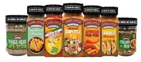 CARPE VICTUS CARPE VICTUS No onion No Garlic Jain Seasonings Mixed Herbs, Sandwich Masala, Taajin, Mexican Chipotle, Peri Peri, Franike Masala, Italian mix, Spice Combo pack of 7