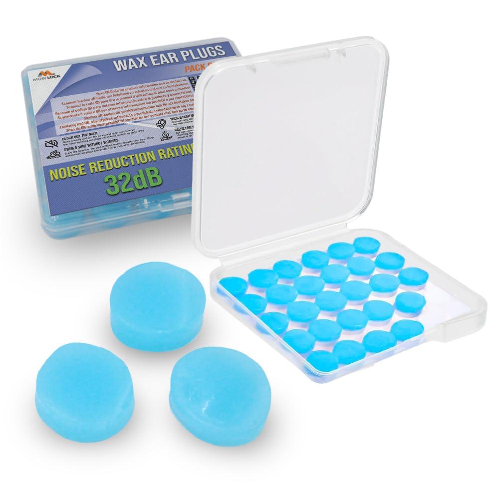 Mobi Lock Ear Plug - Reusable Silicone Wax Ear Plugs for Sleeping, Swimming - Pack of 30, Blue - 32db Noise Cancelling Earplugs With Portable Plastic Case - Hearing Protection for Travel, Concert - by Mobi Lock