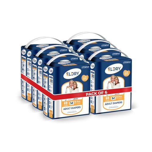 ELDRY Eldry Adult Diaper, Tape Style, Medium (M) Size, 60 Count, Unisex, Waist Size (28-42 Inch | 71-105 cm), Super Absorbent Core, Wetness Indicator, Overnight Protection, Pack of 6