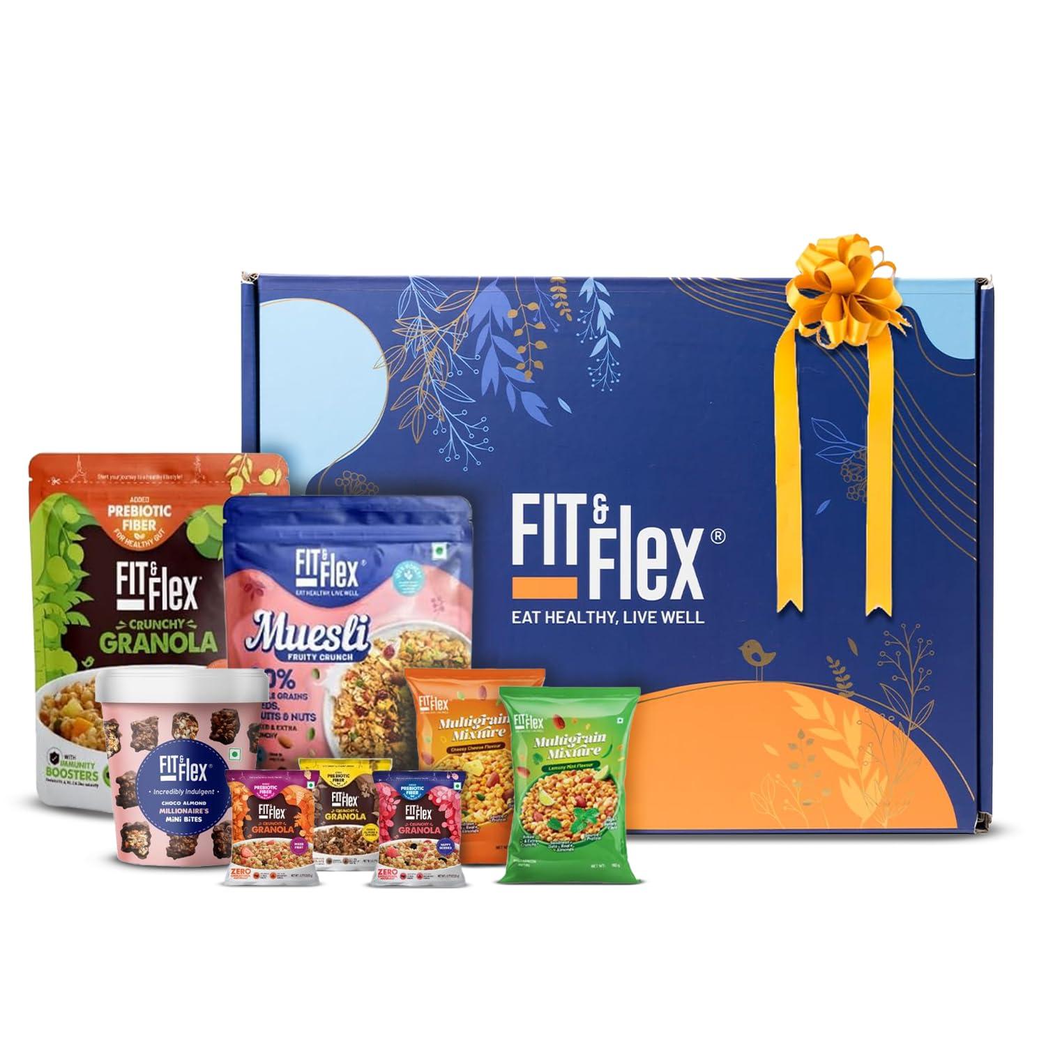 FIT & FLEX Fit & Flex Healthy Gift Box For Rakhi, Assorted Pack of Premium Snacks (Granola, Muesli, Chocolates & Namkeen) | As Seen on Shark Tank India | Pack of 8