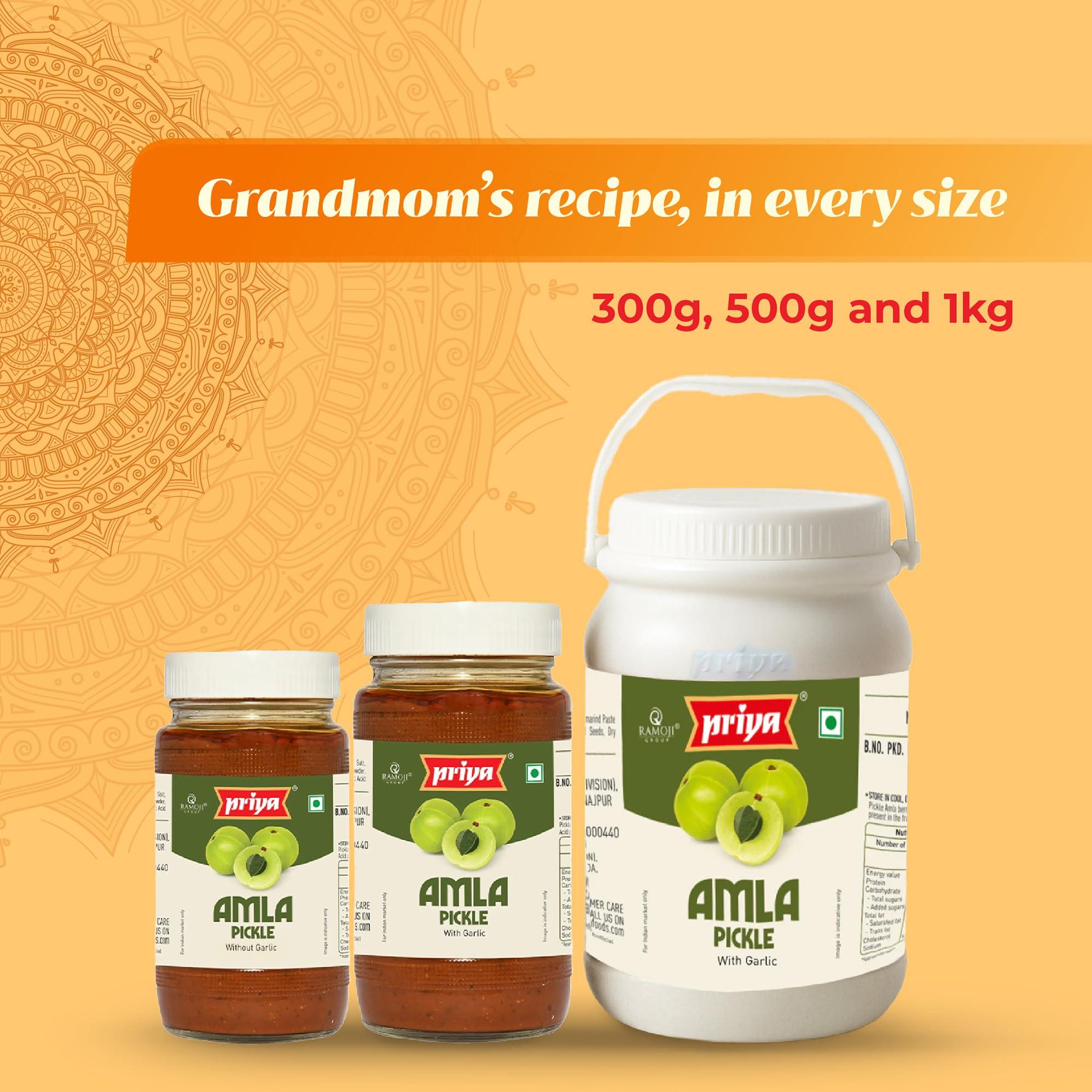 Priya Priya Amla Pickle With Garlic,300G-Authentic Telugu Style Amla Achar|Traditional South Indian Taste|Homemade Andhra Pickles|Tangy Taste|With Amla Berries,Tamarind Paste&Mixed Spices|Glass Jar