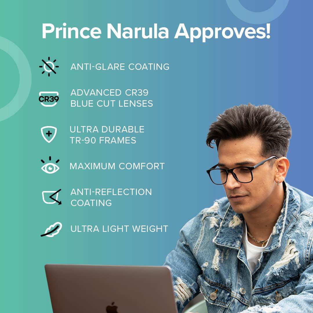 Intellilens Intellilens Zeiss Zero Power Blue Cut Computer Glasses | Anti Glare, Lightweight & Blocks Harmful Rays | UV Protection Specs | For Men & Women | Black | Square | Medium