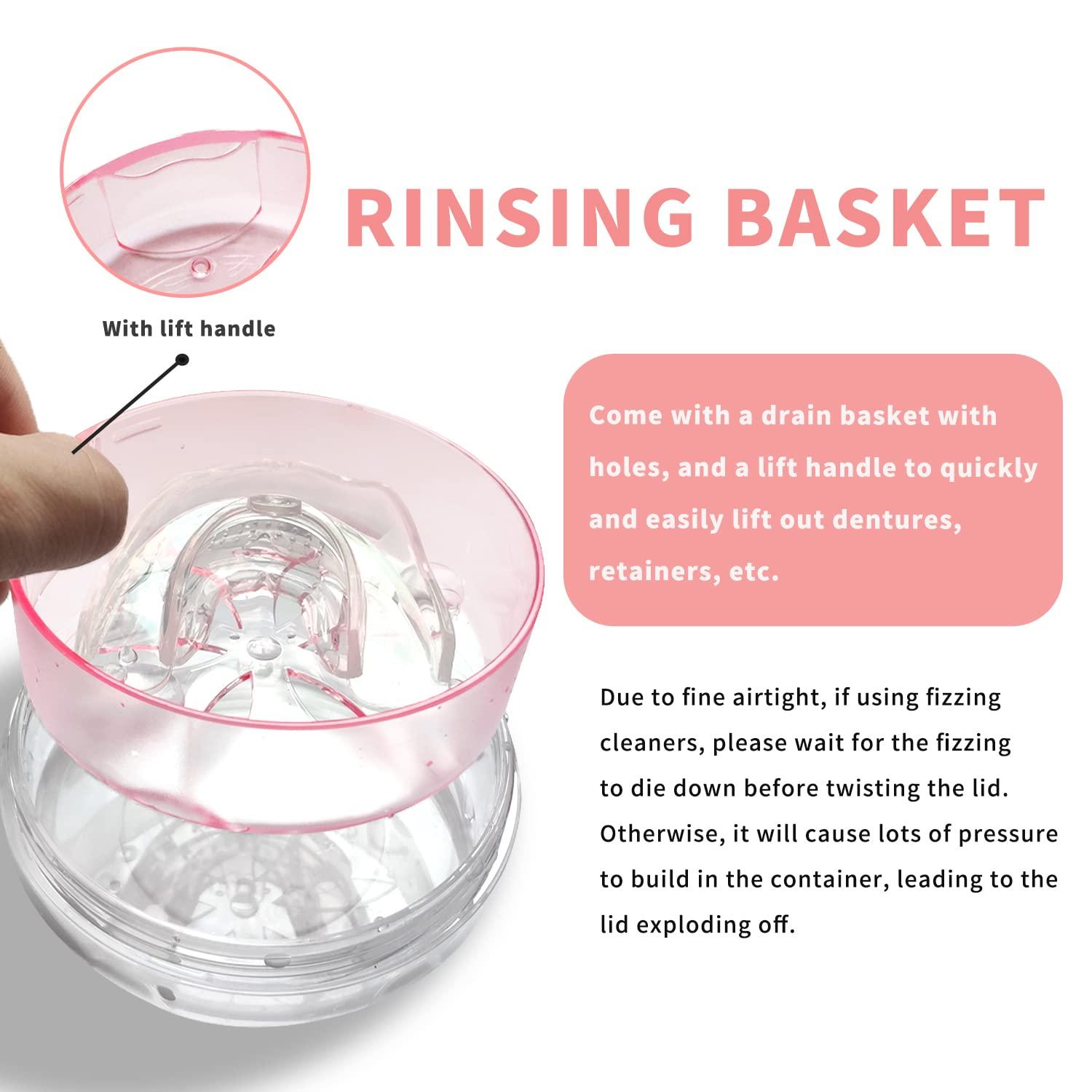 JOYSTOR Denture Cup Retainer Case, Leak-proof Denture Case Bath Soaking Container, Retainer Aligner Mouth Guard Night Guard Cleaner Case with Strainer Basket for Traveling, for Women & Men (Pink)