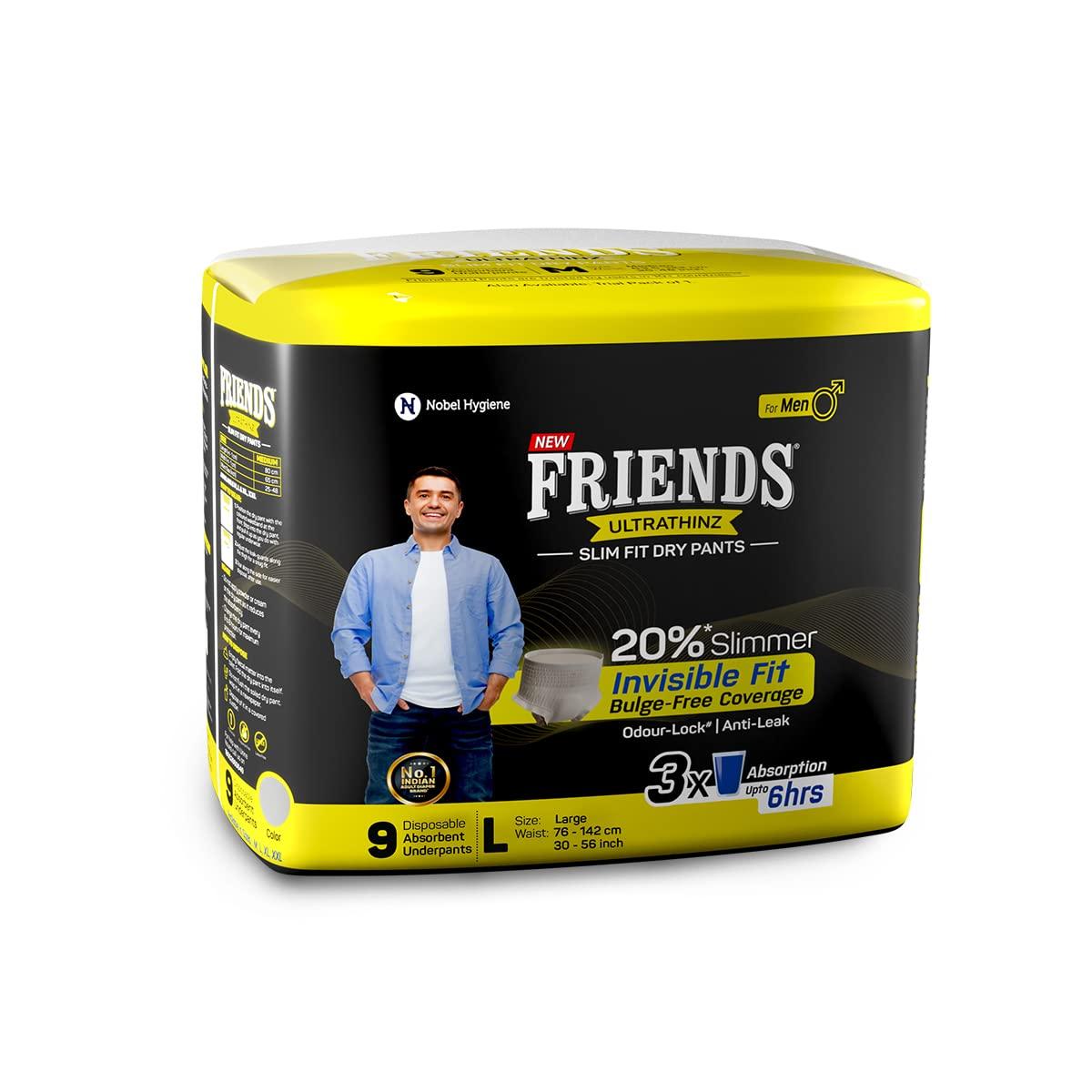 Friends Friends UltraThinz Slim Fit Adult Diapers (Dry Pants) for Men - Large – 9 Count - with thin design, grey colour, and anti-rash - Waist Size 25-48 Inch ;6 3.5-122 cm