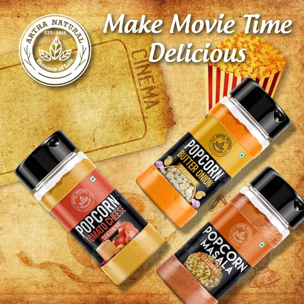 ARTHA NATURAL Artha Natural - Popcorn Seasoning Combo - Cheddar Cheese Seasoning, Butter Onion, Cheese Tomato, Popcorn Masala, Peri Peri Masala [For PopCorn Seasoning, Nachos, Sprinkle on French Fries] - 200g each (1000g)