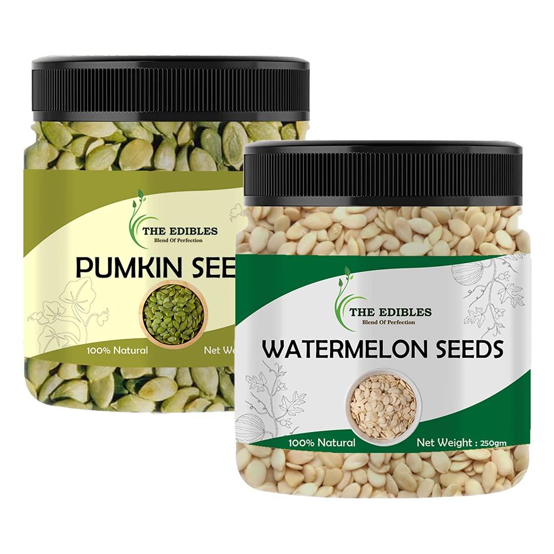 THE EDIBLES THE EDIBLES Combo Pack of Edible Seed Raw Pumpkin Seeds and Watermelon Seeds Tarbuj Magaj, Magaz Beej (250 gms each), 500 gms [Jar Pack]