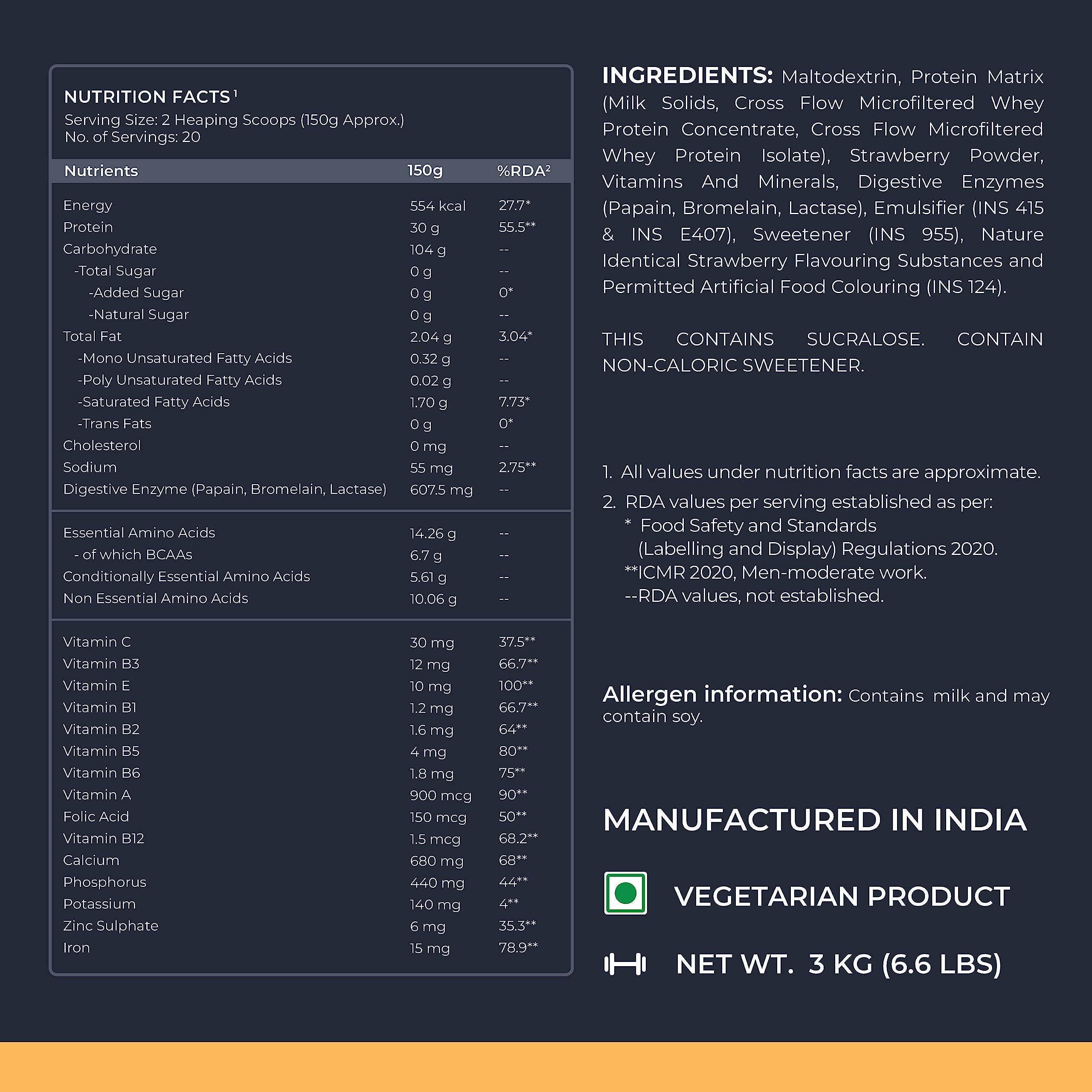 Nutrabay Nutrabay Gold Bulk Up Mass Gainer Powder - 3kg, Strawberry | 30g Protein, 104g Carbs, 554 Calories | Easy to Digest | 100% Veg Muscle Building & Weight Gainer Supplement for Men & Women