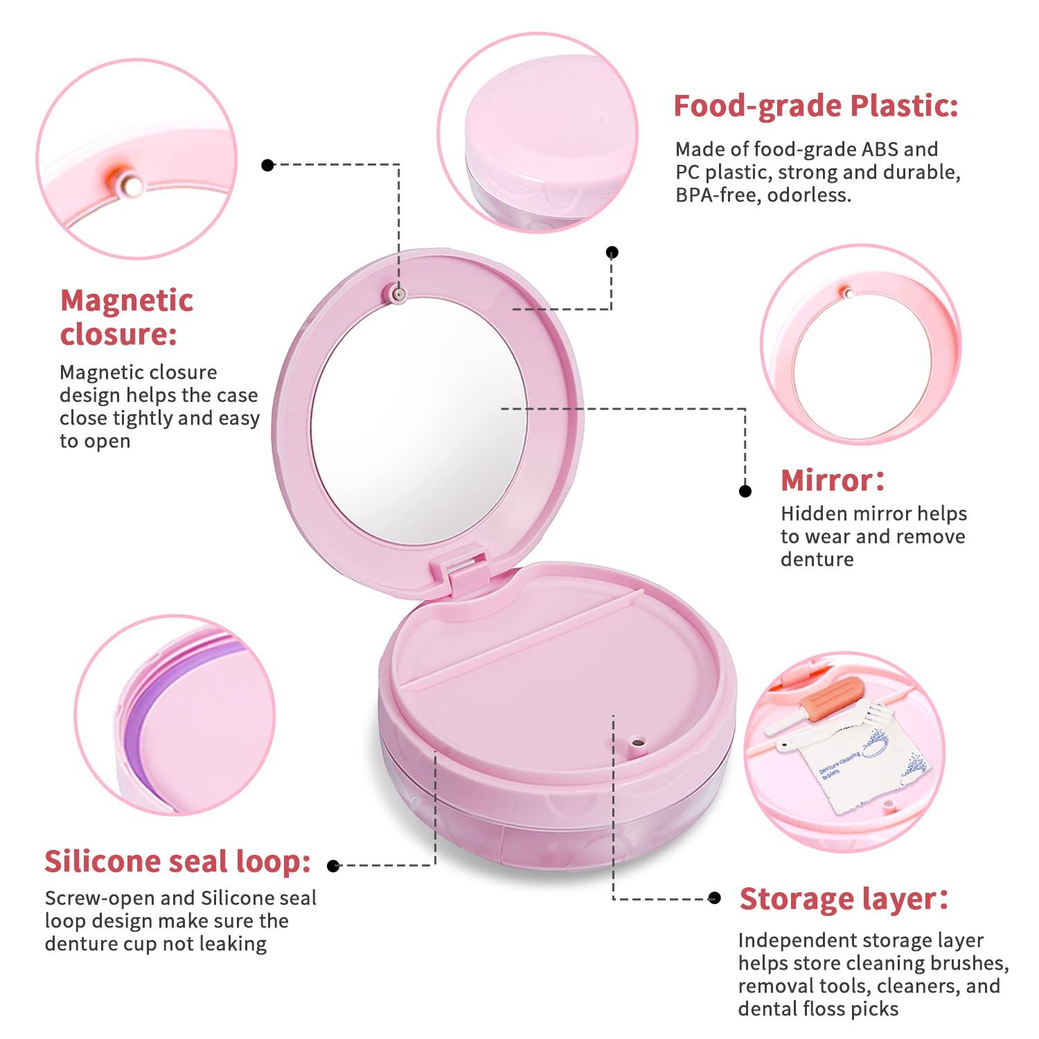 JOYSTOR Denture Cup Retainer Case, Leak-proof Denture Case Bath Soaking Container, Retainer Aligner Mouth Guard Night Guard Cleaner Case with Strainer Basket for Traveling, for Women & Men (Pink)