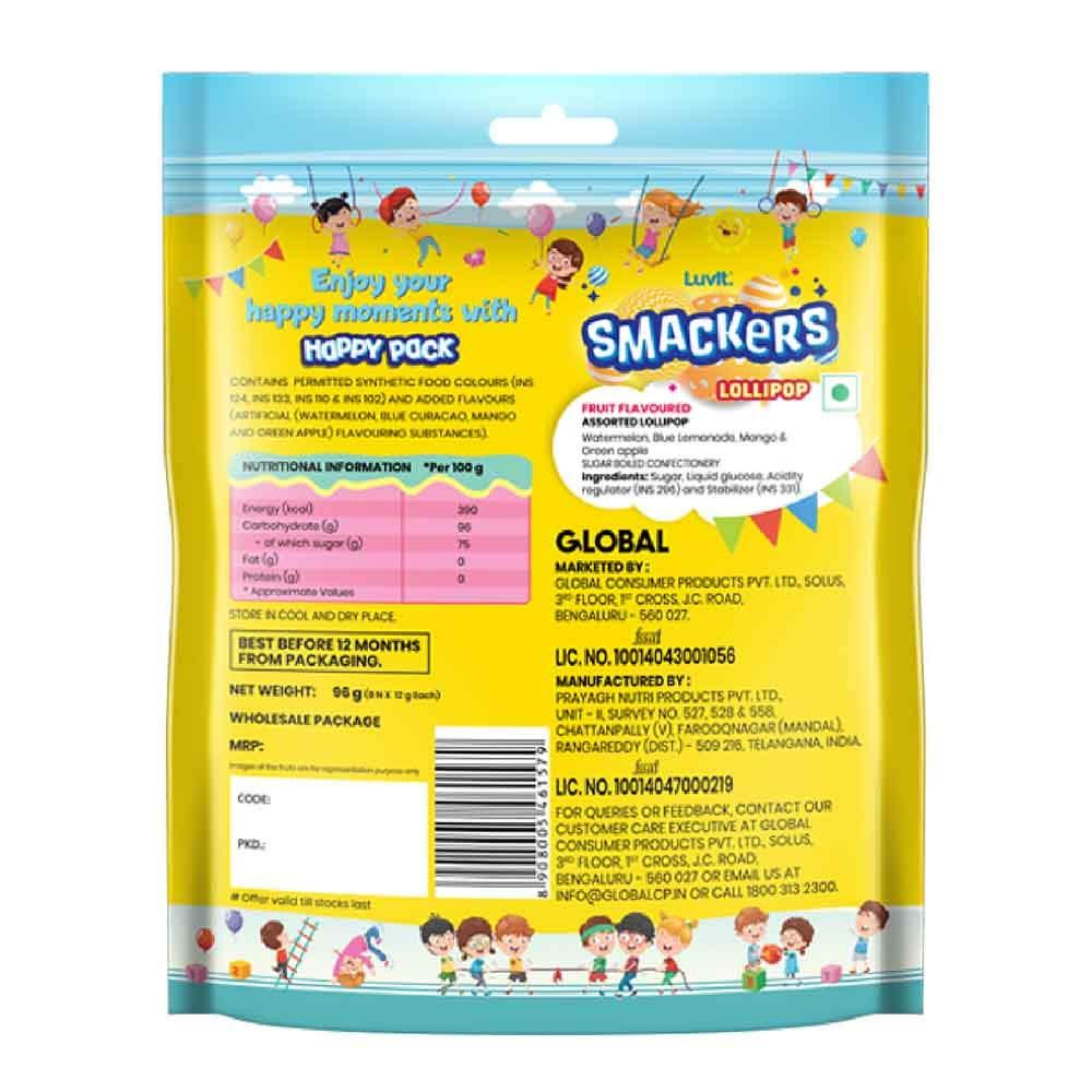 LuvIt. LuvIt. Smackers Fruit Flavoured Lollipops | Surprise Toy For Kids | Big Stick Lollipops | Pack Of 6-96G Each, 576 Grams