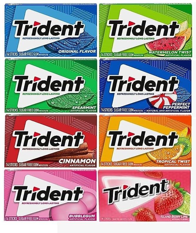 Generic Trident Gum Variety Pack Long Lasting (Original,Watermelon,Spearmint,Peppermint,Cinnamon,Tropical,Bubble Gum,Berry Lime) Classic Chewing Gum Each 26gm Pack Of 8