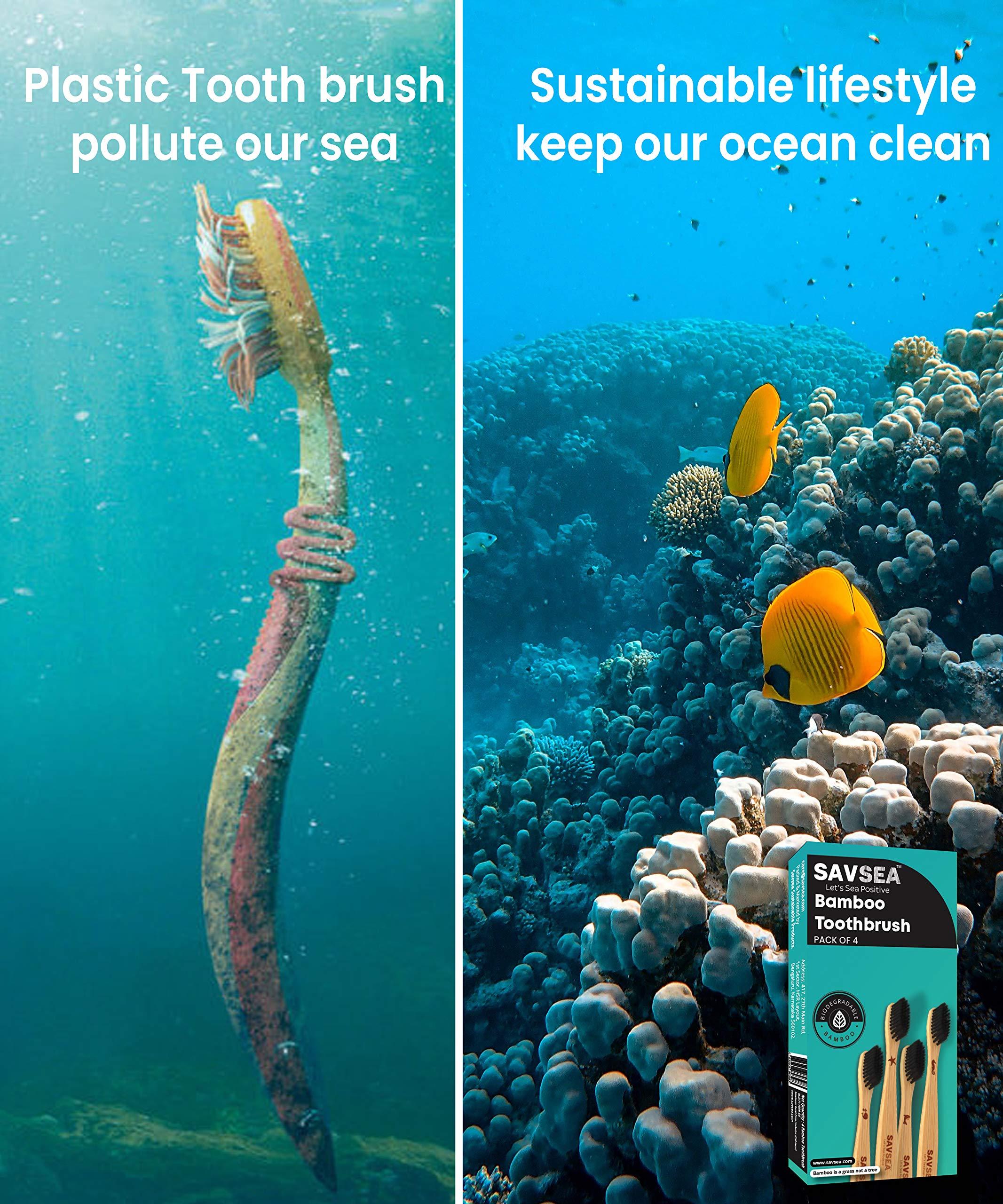 SAVSEA SavSea Bamboo toothbrush for adults | Charcoal bamboo toothbrush soft medium bristles| Pack of 4 adult toothbrush with biodegradable bamboo