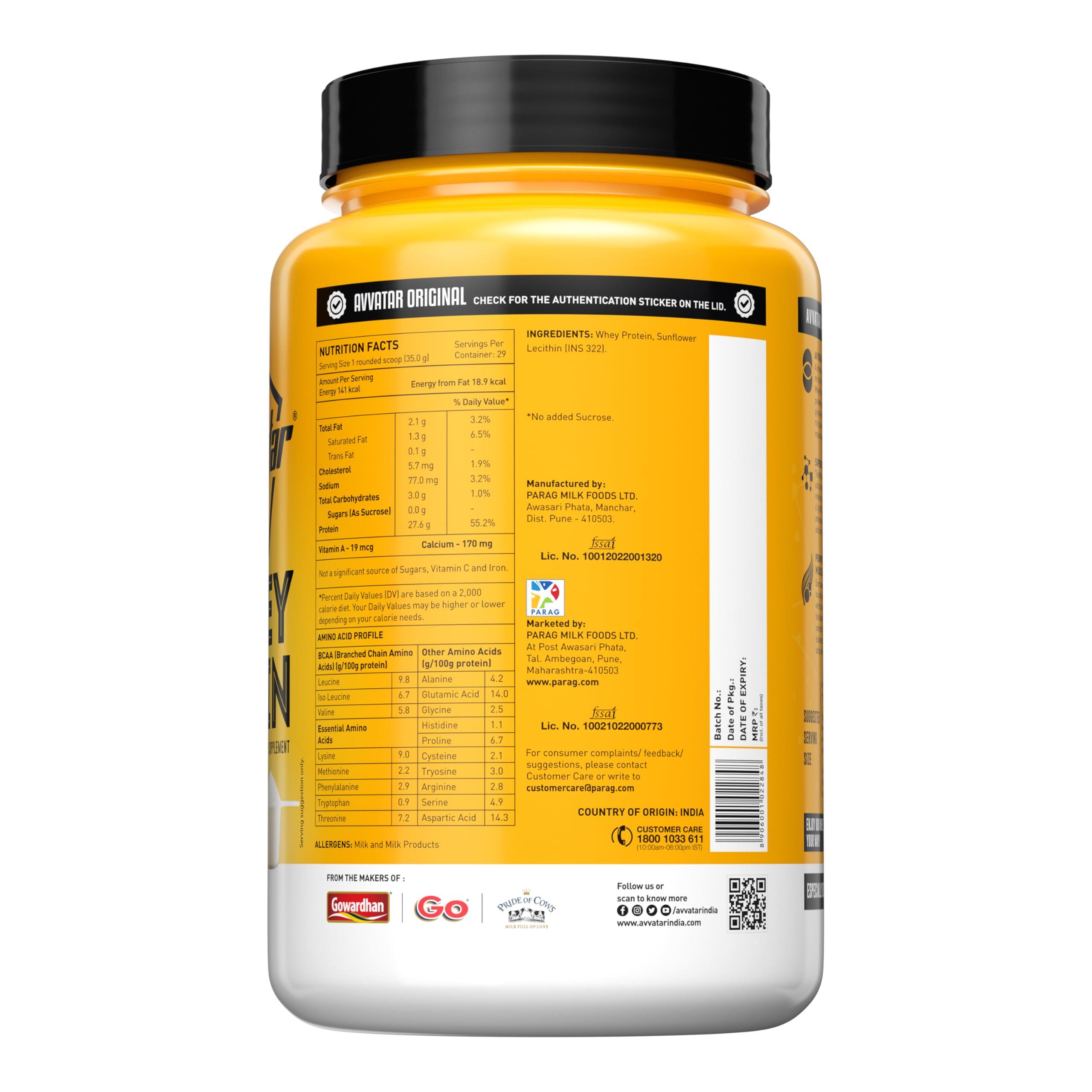 avvatar avvatar Whey Protein | 1 KG | Unflavoured | 27g Protein | 29 Servings | Isolate & Concentrate Blend