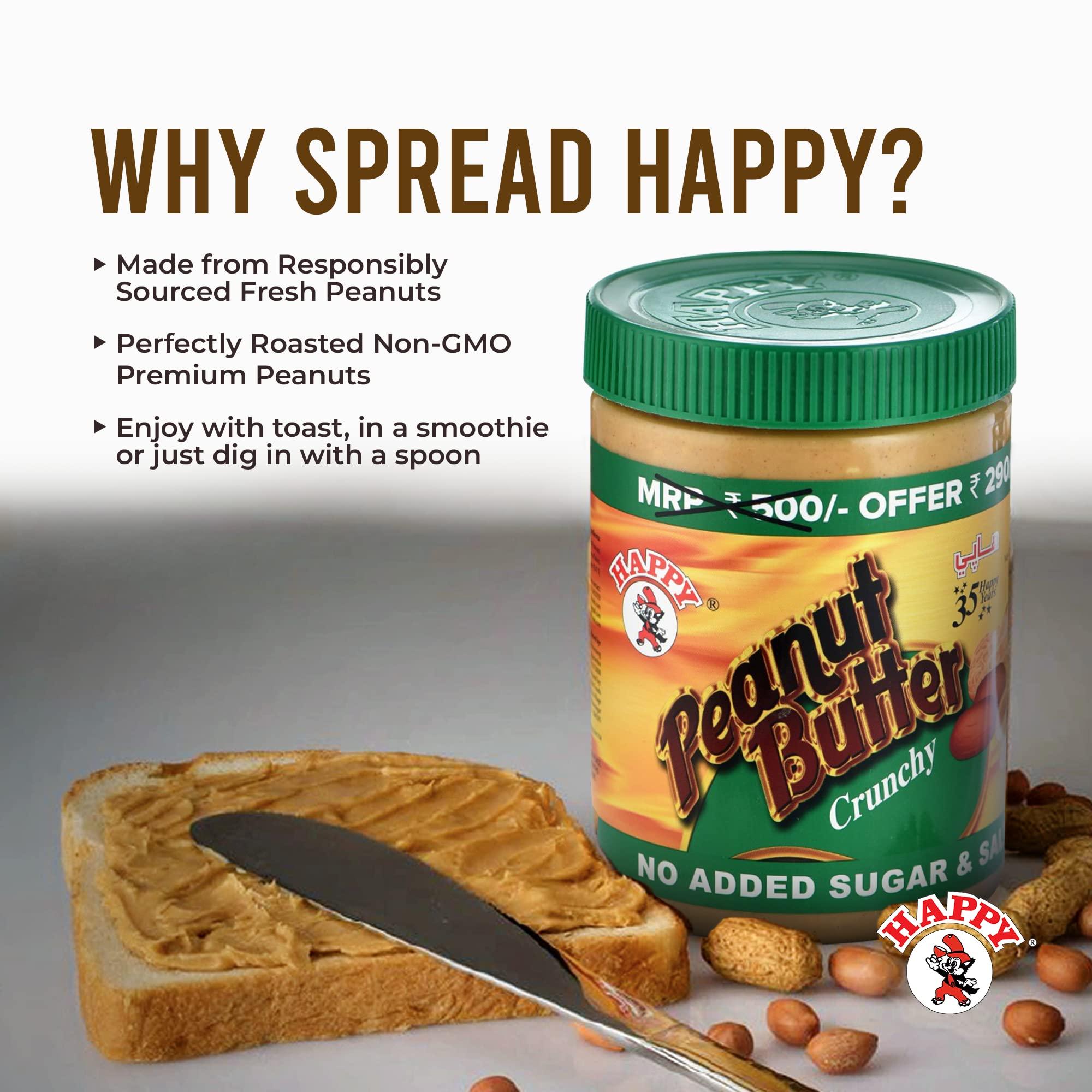 HAPPY HAPPY Peanut Butter - (No Sugar, No Salt) | Crunchy & Natural High protein peanut butter | 1kg - Made with 100% Organic Peanuts | Unsweetened, Gluten Free, Vegan, Zero Cholesterol peanut spreads