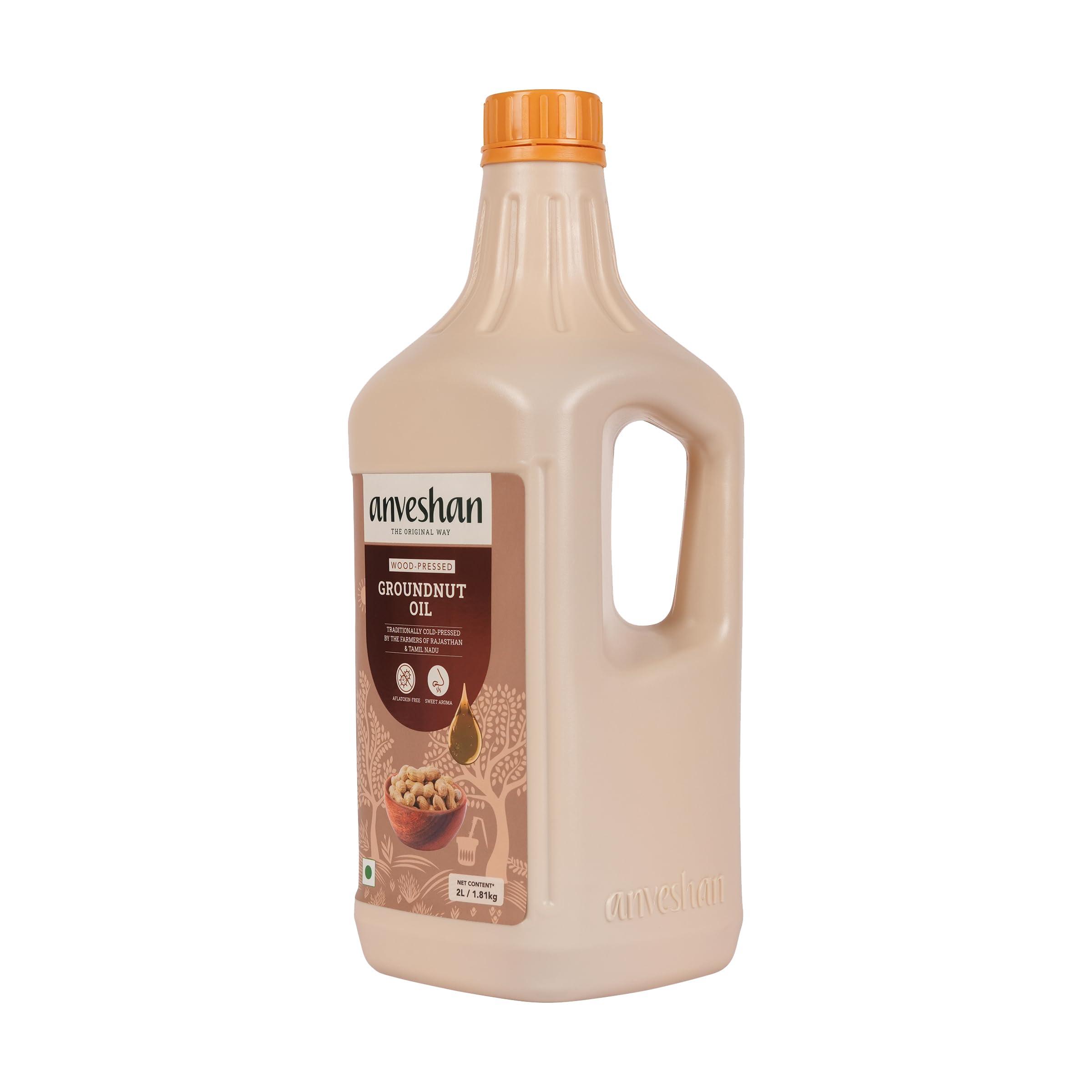 Anveshan Empowering farmers with technology Anveshan Wood Pressed Groundnut Peanuts Oil 2 Litre | Tin Can | Kolhu/Kacchi Ghani/Chekku | Peanut Oil | Natural | Chemical-Free | Cold Pressed Groundnut Oil for Cooking
