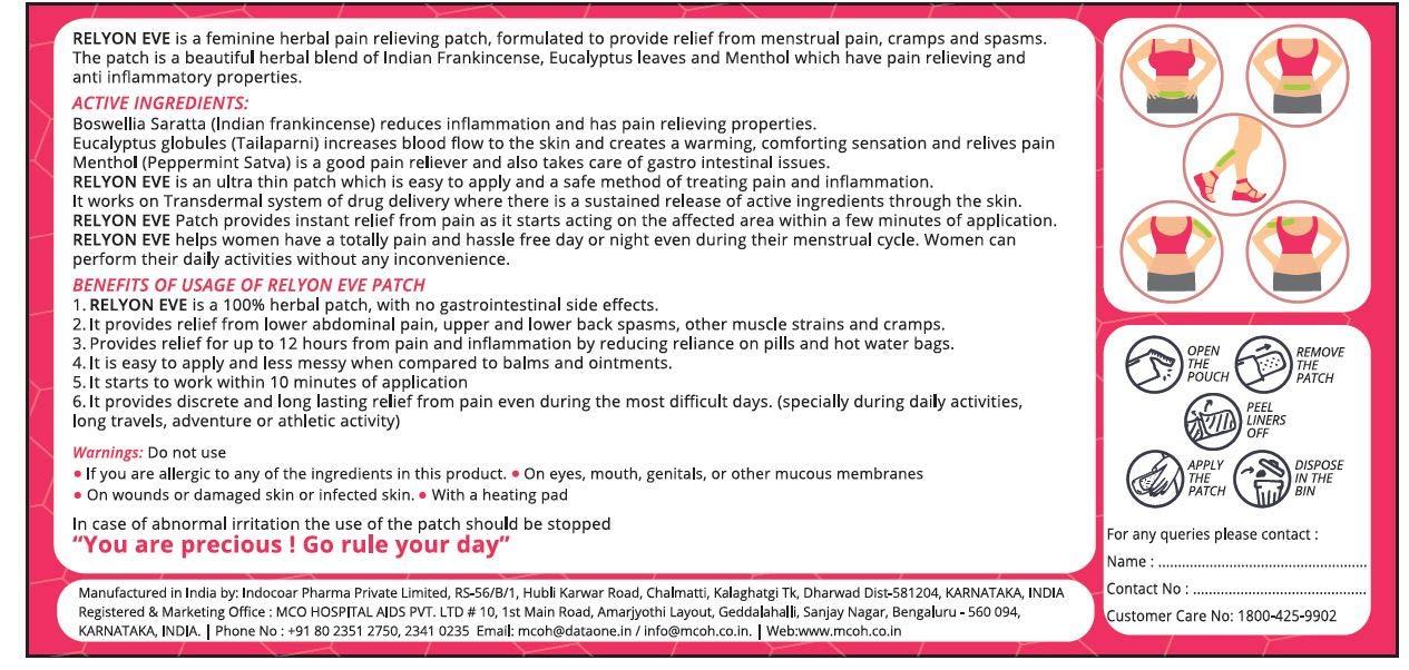 Relyon EVE RELYONEVE E Herbal Pain Relief Patches - Menstrual pain Cramps -Back pain -World first trasndermal patch with Boswella- Instant Releif Plaster & Patch (5 Patches)