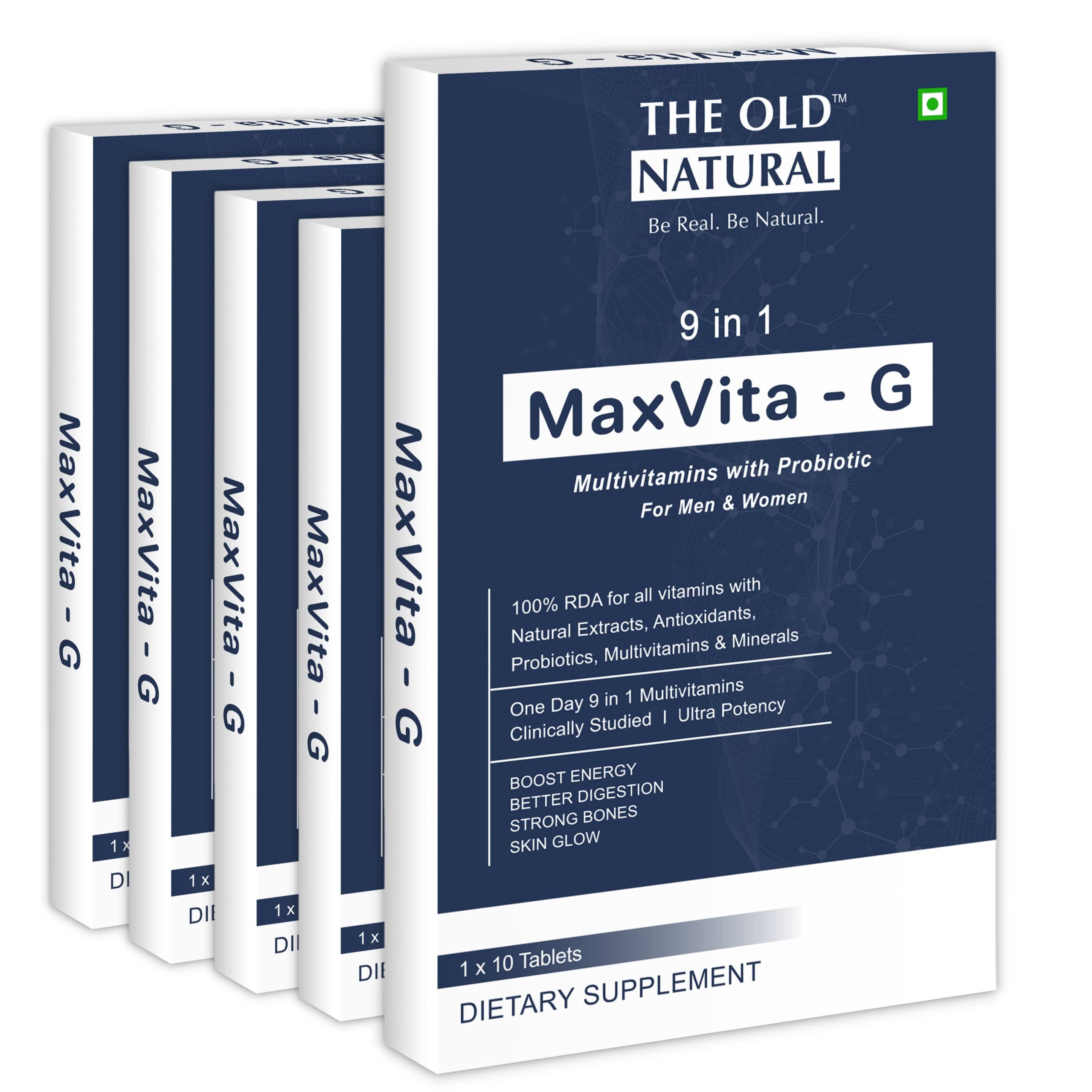 The Old Natural The Old Natural Maxvita -G Multivitamin with Probiotic 50 Tablets I Combination Of 9 In 1 Blends - Vitamins, Minerals, Prebiotic & Probiotic (Pack of 5 Strips - 50 Tablets)
