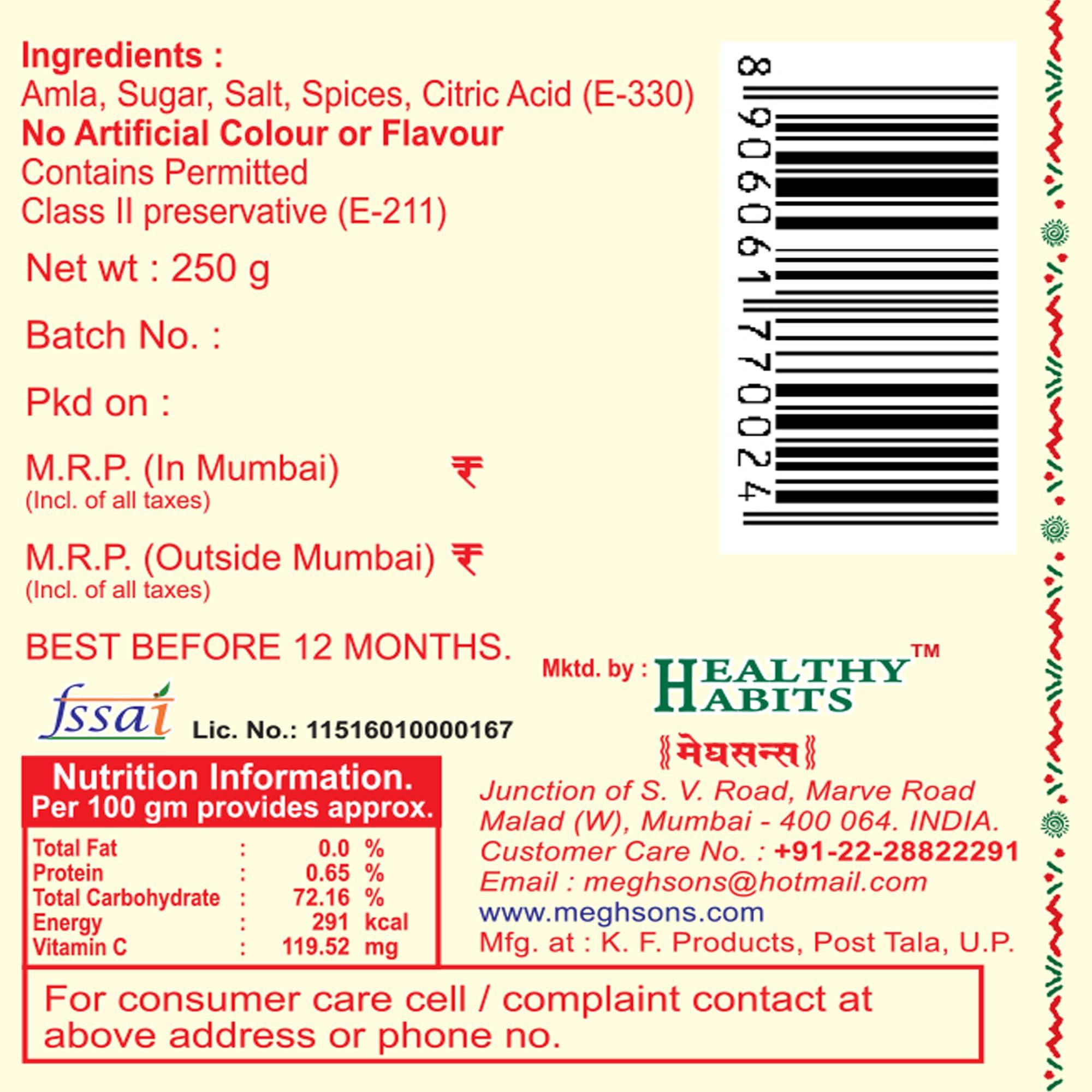 HEALTHY HABITS Healthy Habits By Meghsons Homemade Amla Chatt-Patta | Healthy Snack, Immunity Support | 100% Natural | Ayurvedic Recipe | Digestive booster | Tasty munching item | 250 Gms