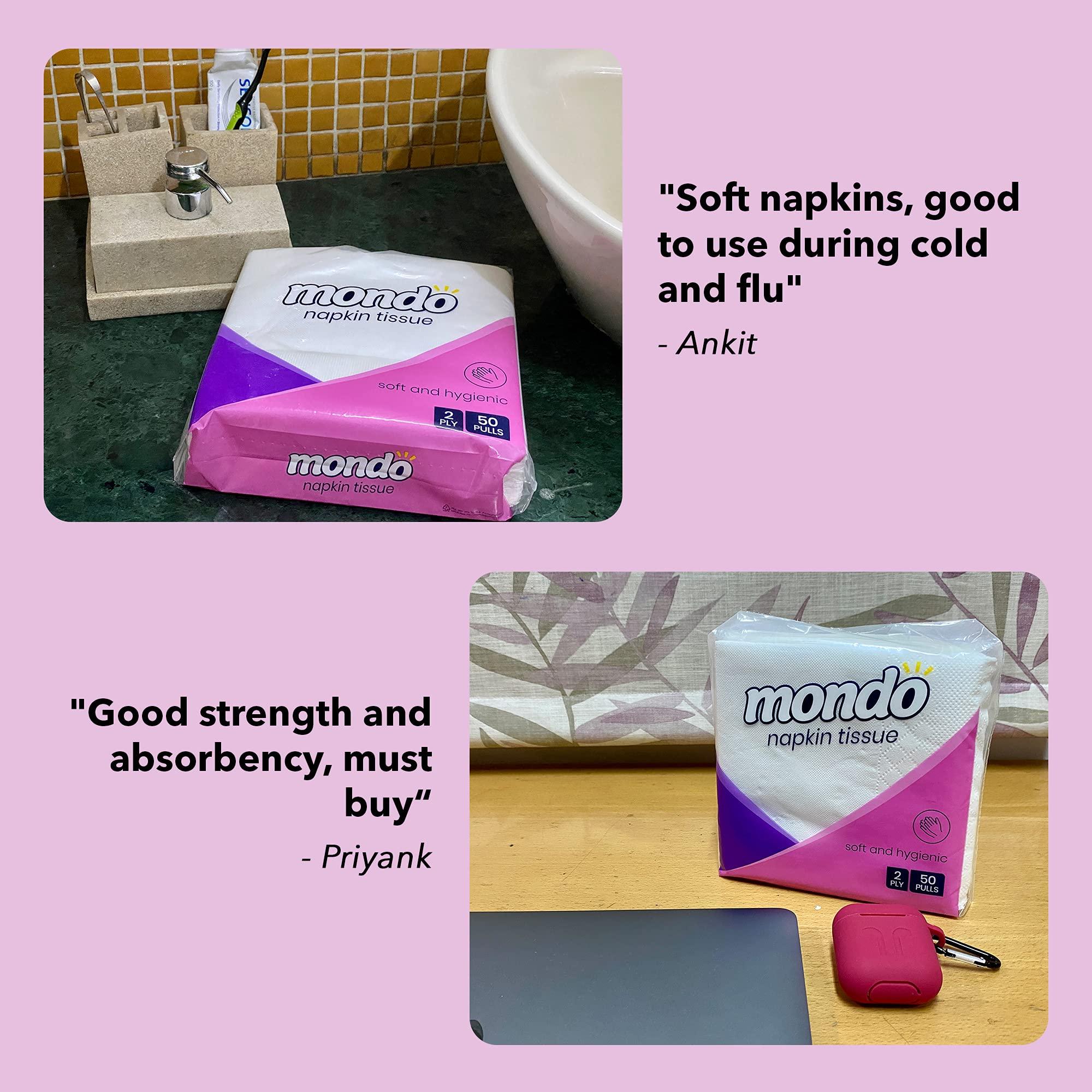 MONDO Mondo Napkin Tissue Paper (Size 30x30 centimetres, 2 Ply, 50 Pulls) | Pack of 5 Boxes | 100% Food & Skin Safe FDA Approved, OBA Free | Use in Kitchen & Dining, Catering, School & Office