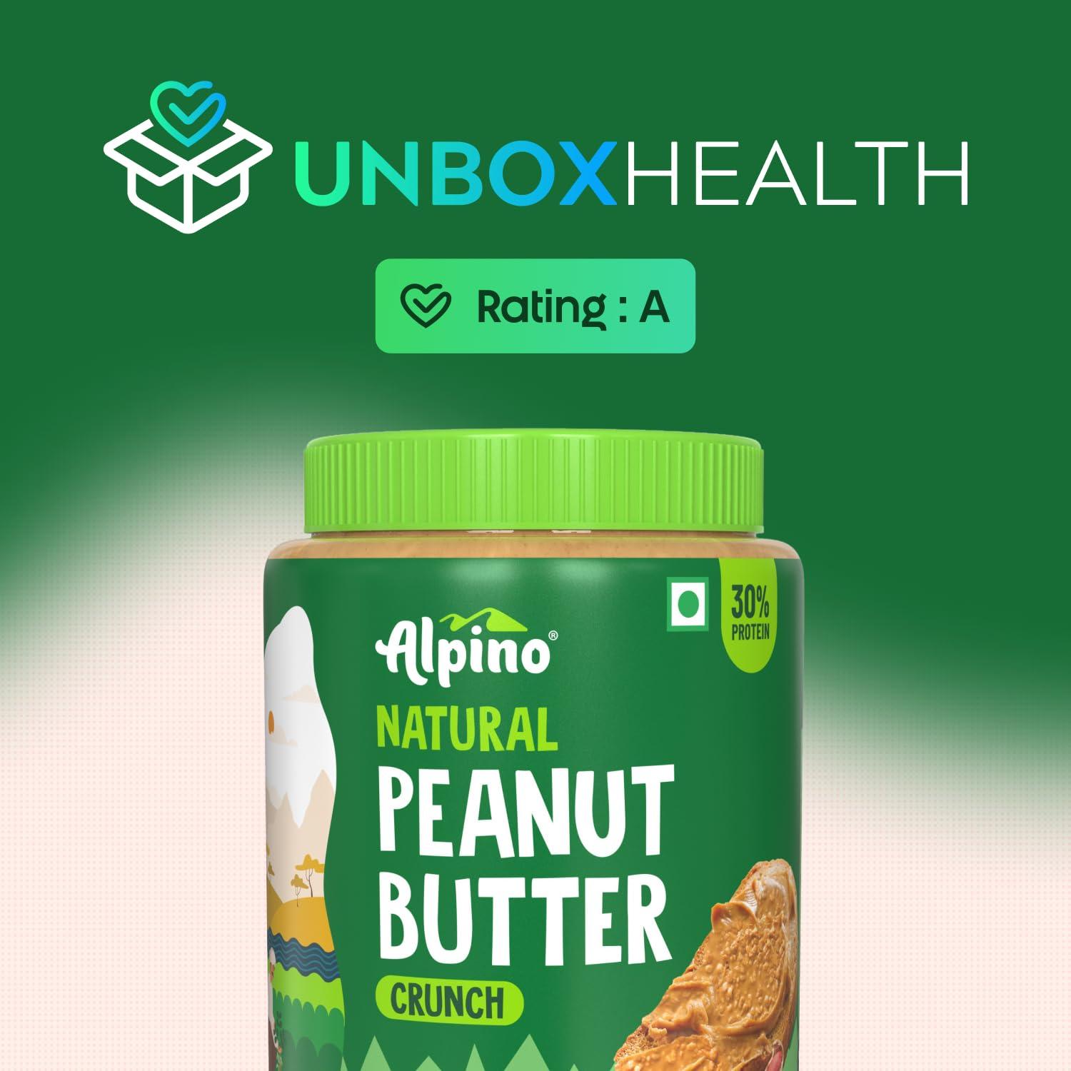 Alpino ALPINO Natural Peanut Butter Crunch 2kg - 100% Roasted Peanuts - 30g Protein, No Added Sugar & Salt, Gluten Free Plant Based, Unsweetened Peanut Butter Crunchy - 1kg, Pack of 2