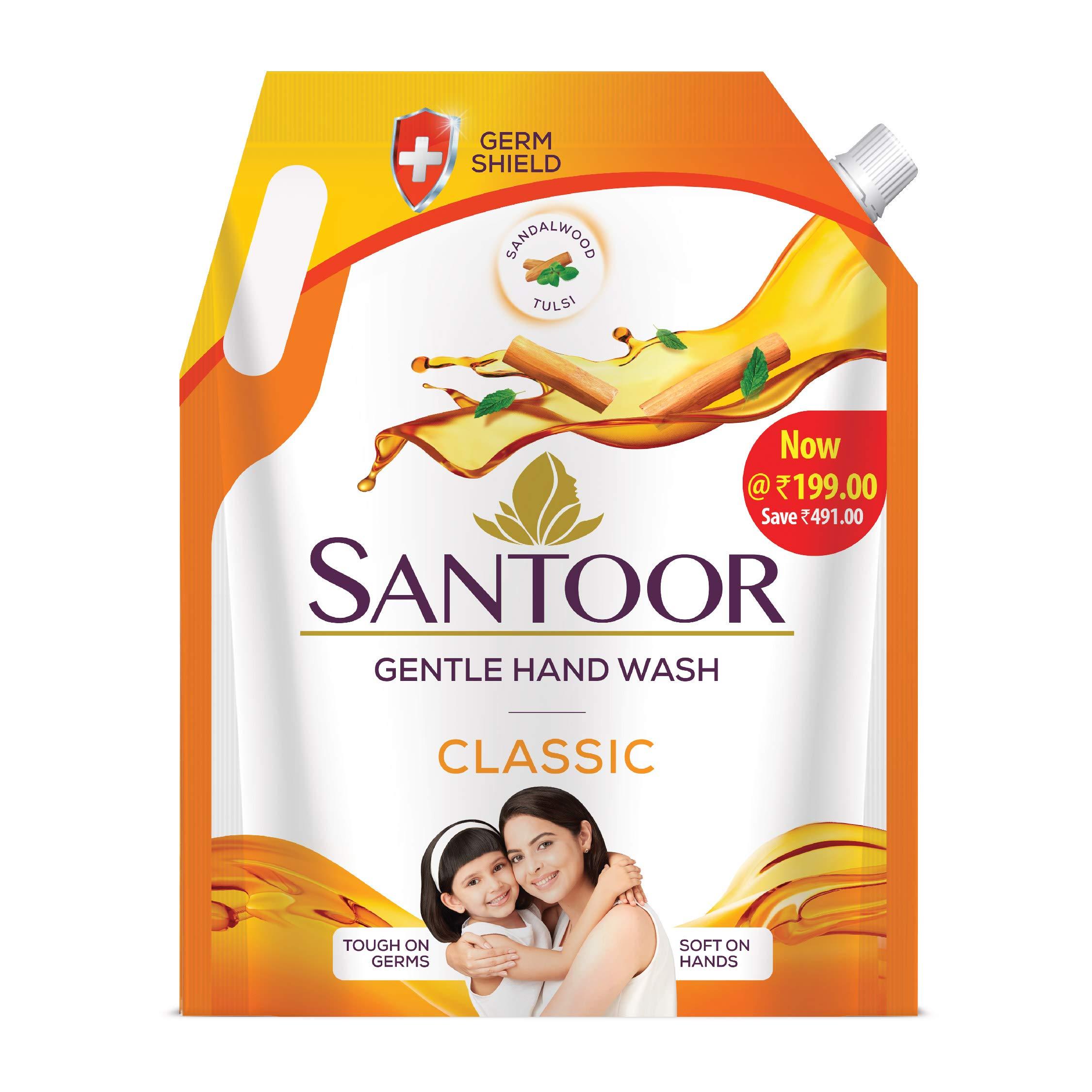 SANTOOR Santoor Hand Wash Mild 750ml & Classic Gentle Hand Wash, 1500ml with Natural goodness of Sandalwood & Tulsi & Classic Gentle Handwash with Sandalwood and Tulsi for Bacteria and Germ Protection