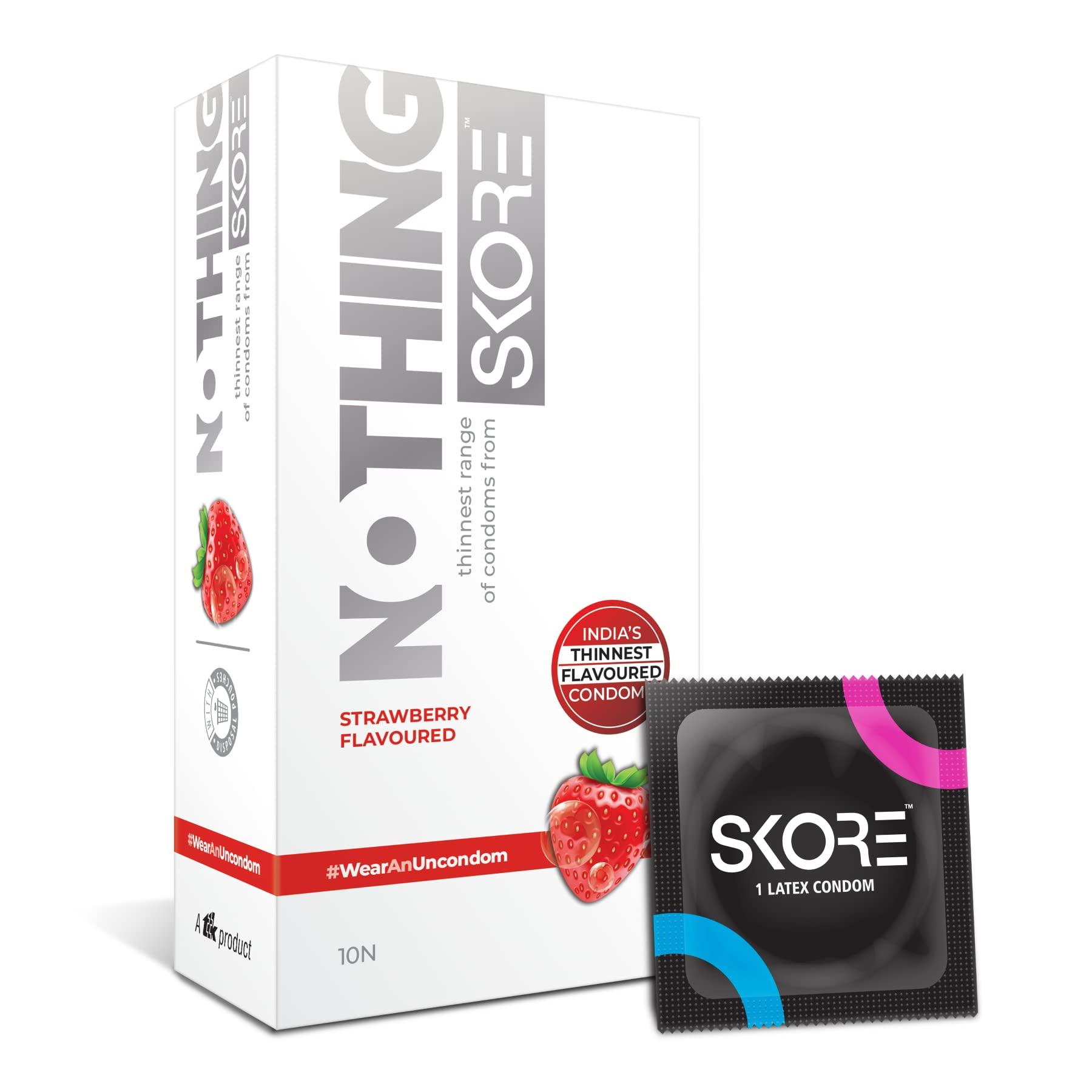 Skore Skore Nothing Thinnest Condoms | Flavored Strawberry with Disposal Pouches | pack of 1 | 10's each