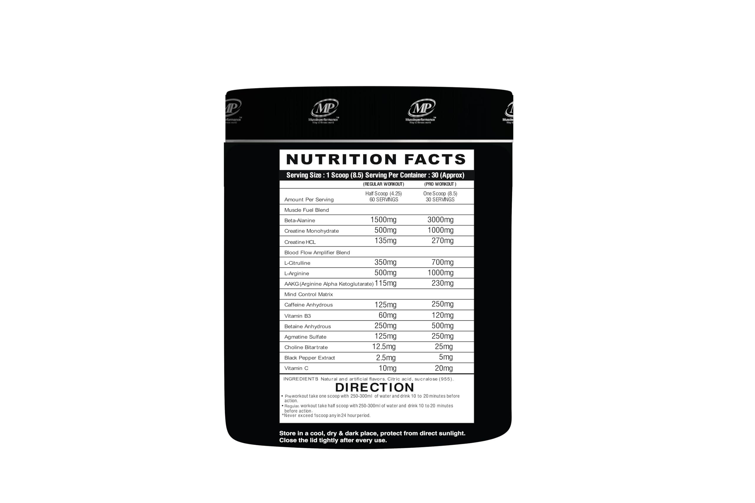 Muscle Performance MP Muscle Performance Pre-Workout Supplement With Steel Shaker (255gms-30 Servings, Flavour Mango), Pre Workout Supplement For Men & Women With Beta-Alanine, Creatine,-For Performance & Energy Boost.