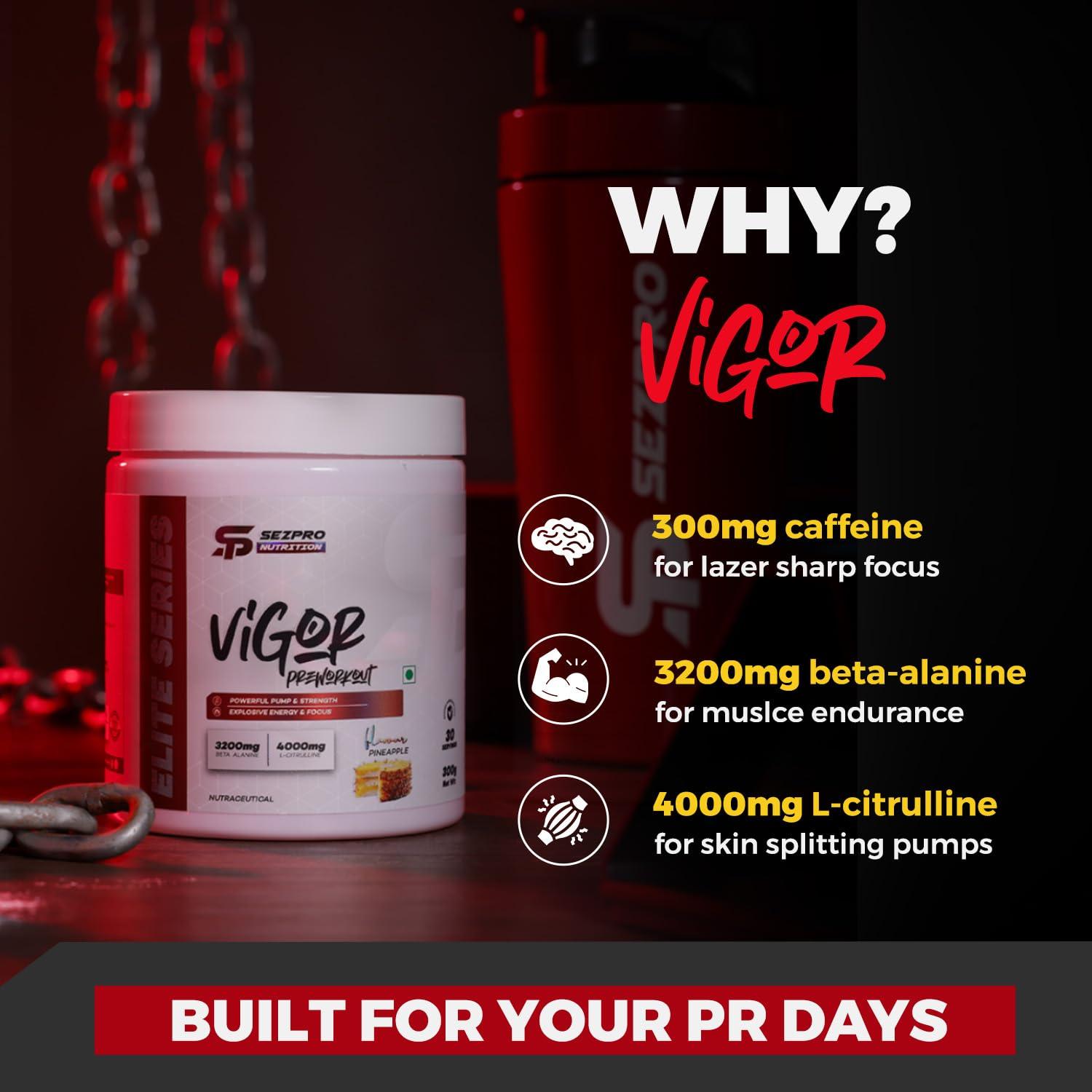Sezpro Nutrition Sezpro Nutrition Vigor Pre Workout | 300gm | 30 Servings | 300mg Caffeine | 200mg Theanine | 3200mg Beta Alanine | 4000mg Citrulline | Powerful Pump & Strength | Explosive Energy & Focus (Watermelon)