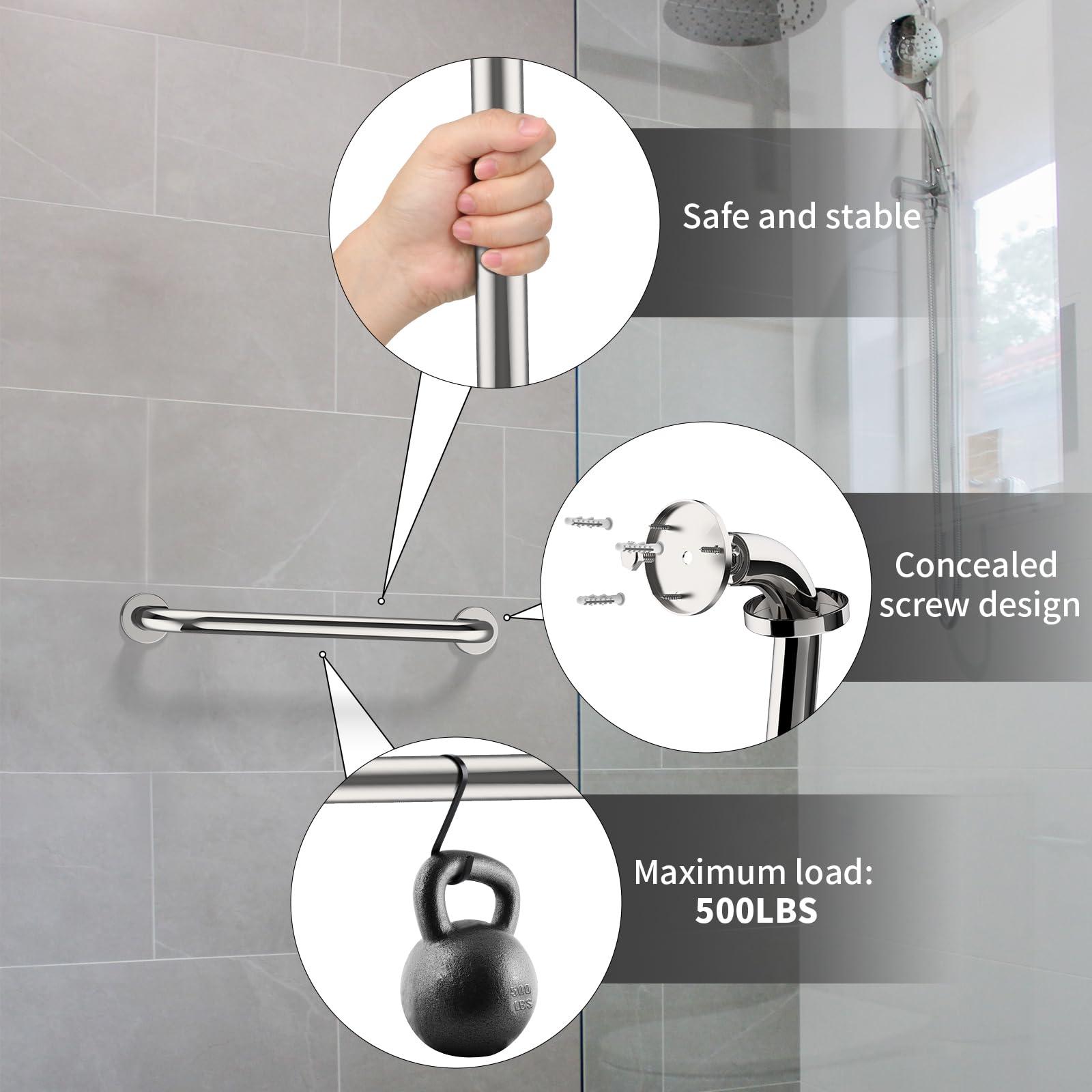 ZUEXT 16 Inch Stainless Steel Shower Grab Bar, ZUEXT Chrome Shower Handle, Bathroom Balance Bar, Safety Hand Rail Support Bar for Handicap Elderly Injury, Senior Assist Bath Tub Wall Concealed Mount Handle