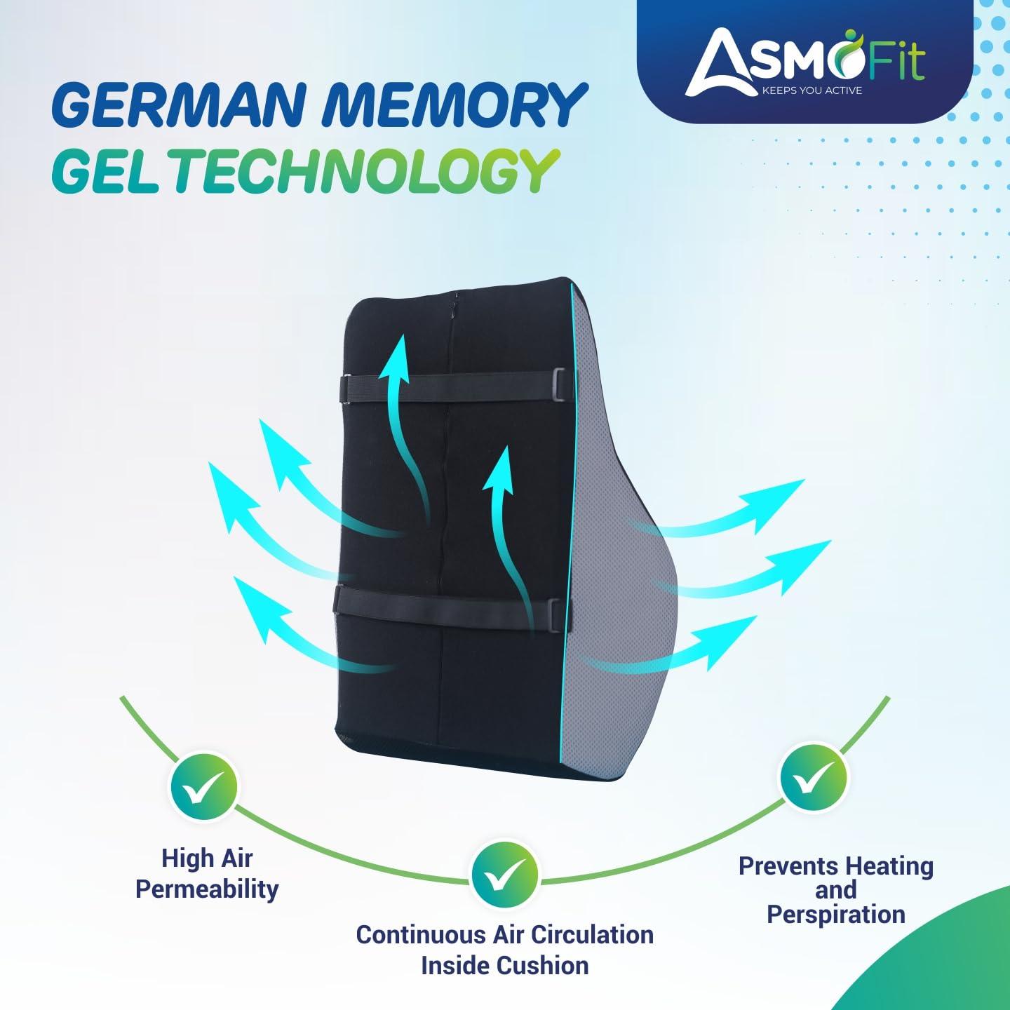 Asmofit Asmofit Lower Back Pain Orthopedic Backrest Pillow Posture Memory Foam Back Rest Lumbar Support Cushion Sciatica, Spine Pain Relief - Ideal for Home, Office, Chair, Car, Travel (Black Grey)