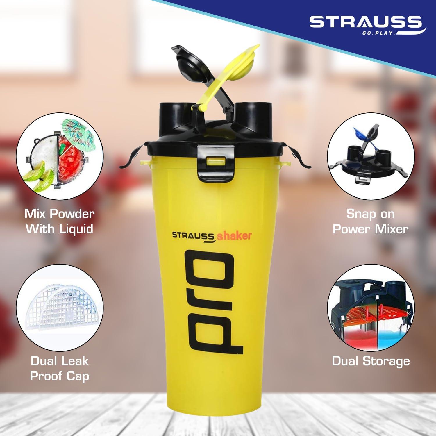 STRAUSS STRAUSS Dual Shaker Pro | Pre & Post Protein Shake On the Go | Leakproof and BPA-Free Material | Dual Shaker Bottle | Protein Shaker Bottle for Gym | Suitable for Both Men and Women, 700ml,(Yellow)