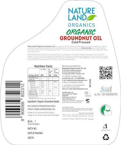 NATURELAND ORGANICS Natureland Organics Groundnut/Peanut Oil 5 Ltr. - Cold Pressed Organic Healthy Oils