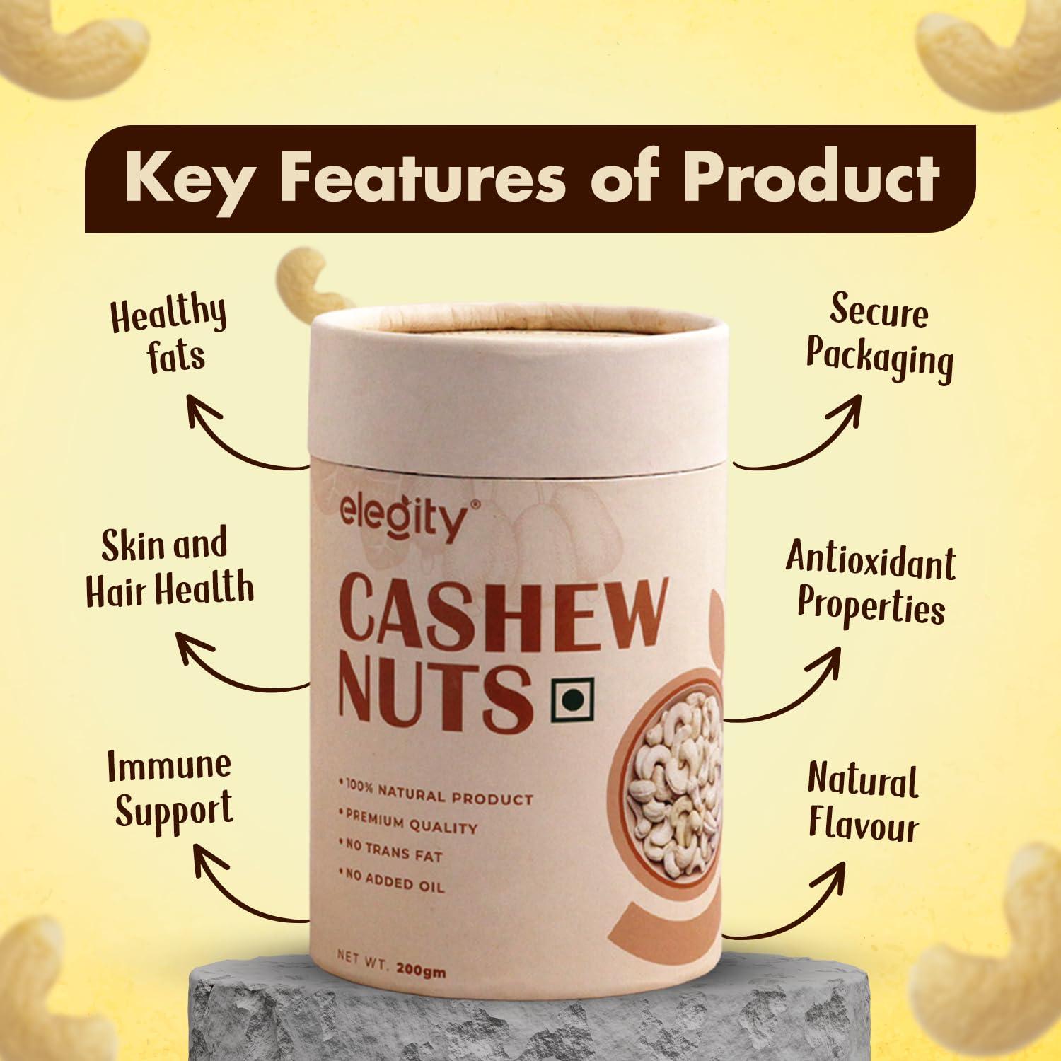 ELEGITY Elegity 100% Natural W210 Plain Cashew Papertube 200 gm | Whole Kaju - Nutritious, Delicious & Crunchy | No Added Preservatives in Dry Fruit | Source of Fibre, Rich in Protein