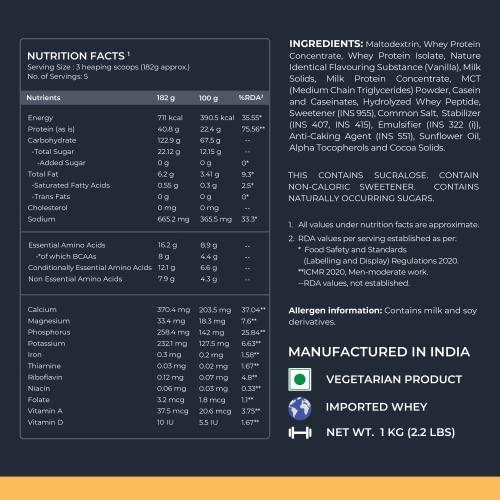 Nutrabay Nutrabay Gold Mega Mass Gainer Powder - 1kg, Vanilla Ice Cream | 100% Veg | 40.8g Protein, 123g Carbs, 711 Calories | Muscle Building & Weight Gainer Supplement for Men & Women