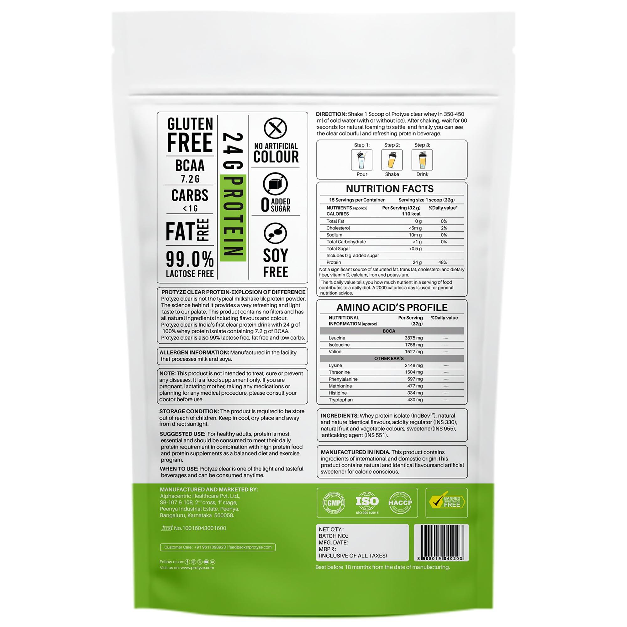 Protyze Protyze Anytime Clear Whey Protein Isolate | 24 g Protein/Scoop | 7.2 g BCAA | Gluten-Free | Low Carb | Light and Refreshing | Muscle Growth & Recovery (15 Servings, Nimbu Pani)