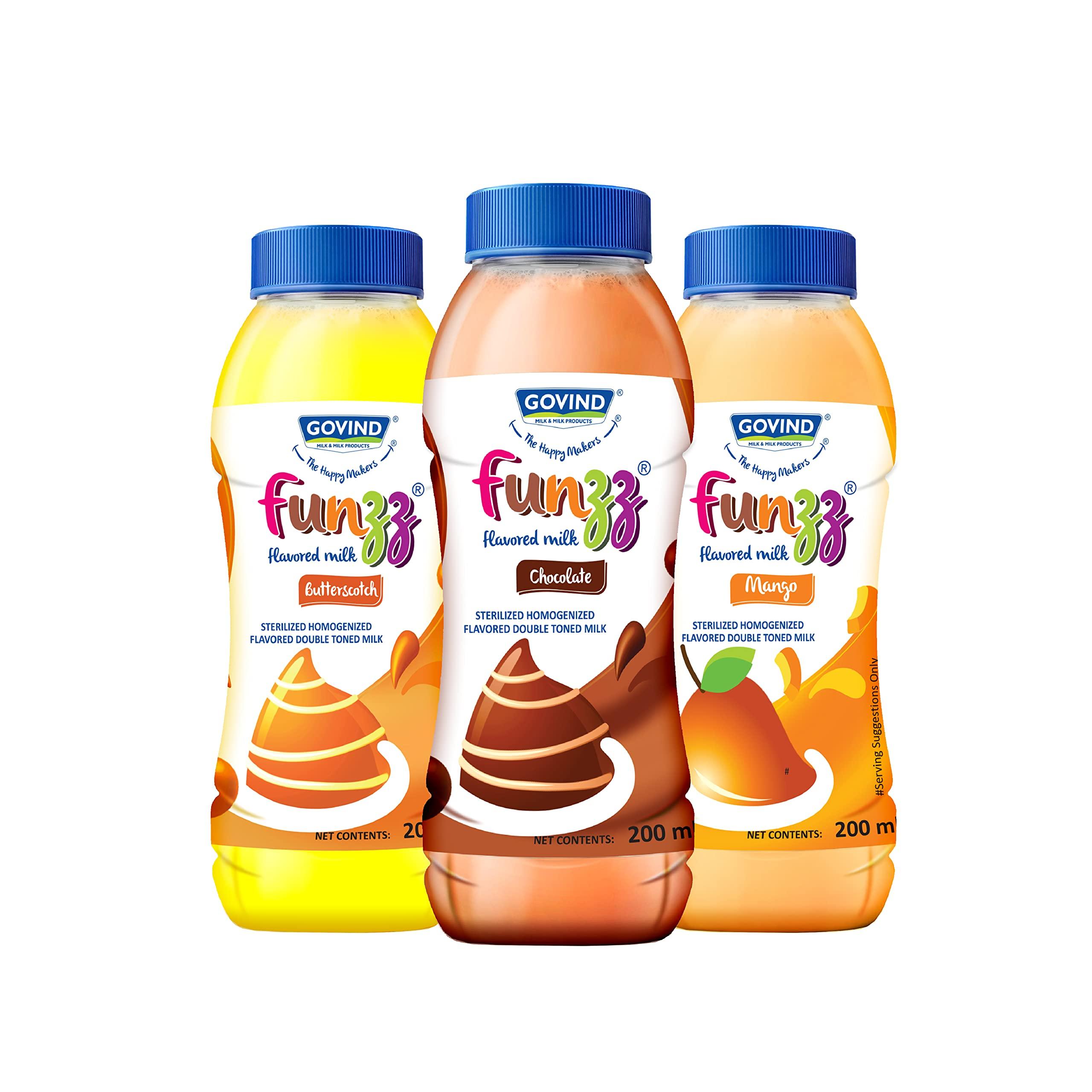 GOVIND MILK & MILK PRODUCTS Govind Funzz Flavoured Milk with Three Flavours - Butterscotch, Chocolate, Mango. 200ml Each, Pack of 12.