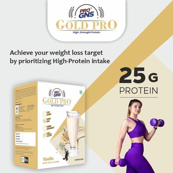 ProGNS ProGNS Gold Pro Whey Protein Powder Sachet | Gym Protein Powder with 25g Protein & 4.2g Fibre per Serving | Low Carb Vanilla Protein Powder for Healthy Life | Vanilla Protein Powder (42g X 10 Sachet)