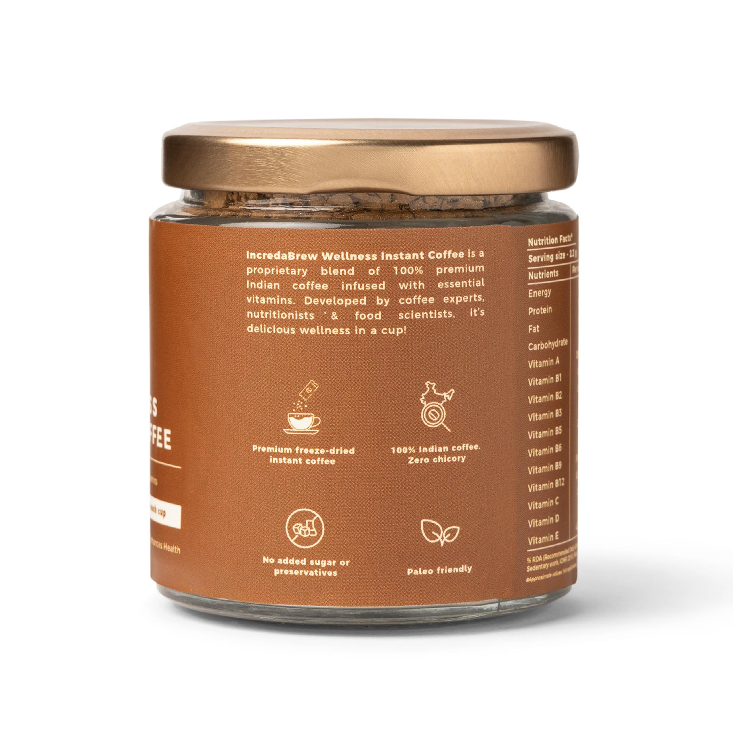 IncredaBrew IncredaBrew Wellness Instant Coffee Powder - 100g, Vitamin Rich Diet Coffee | Makes 50 Cups of Hot/Cold Coffee, Milk/Black Coffee | Gold Blend Freeze Dried Coffee Combo Pack of 2 x 50g