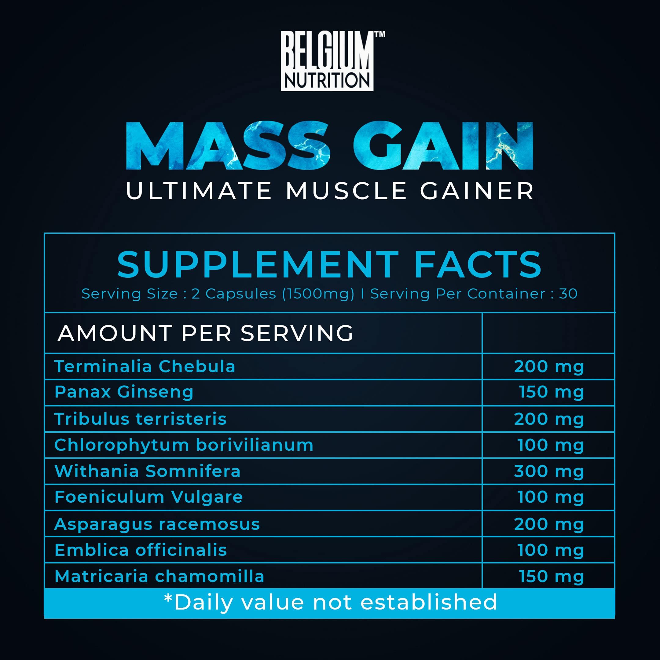 Belgium Nutrition Belgium Nutrition Bulk Gain Mass & Weight Gainer Capsule for Fast Weight & Muscle Gain, Muscle Building Weight Lifters Supplement Muscle Growth, Stamina & Strength - Men & Women, 60 Cap. | Free Shaker