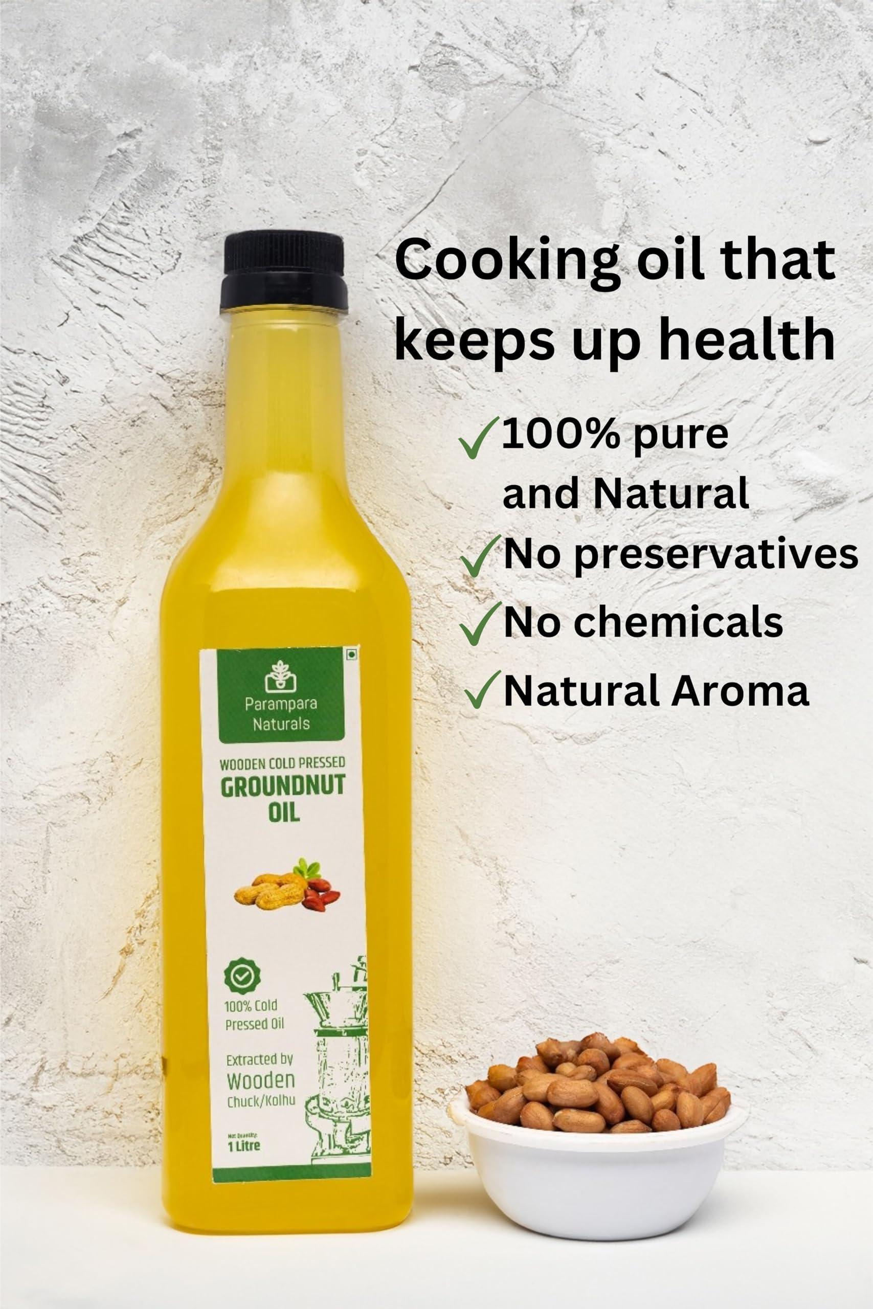 Parampara Naturals Parampara Naturals Peanut Oil Wood Pressed Unrefined Edible for Cooking Cold Pressed Mungfalli Tel Pure & Natural Kacchi Ghani/Chekku Sing Tel Wooden Churner Extraction 1 Litre