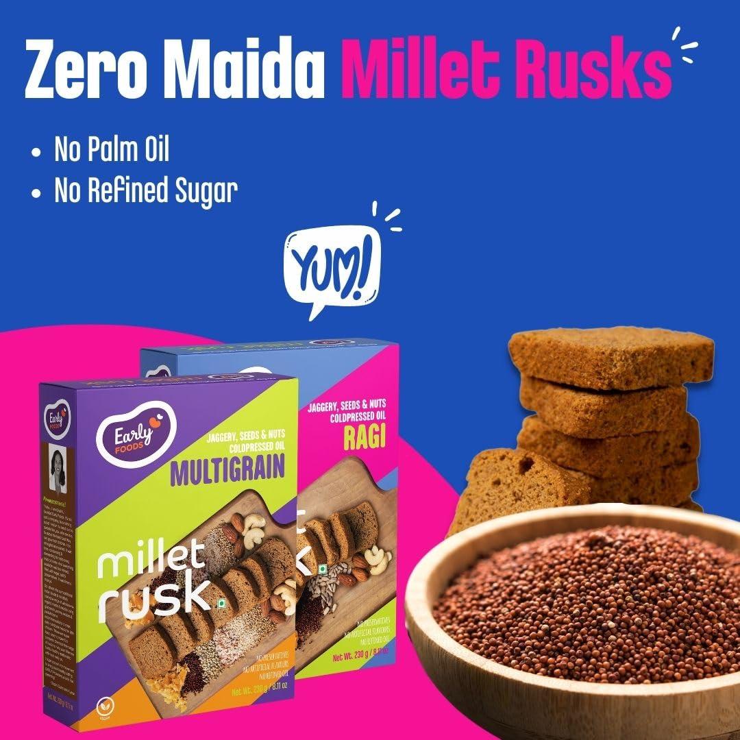 Early Foods Early Foods Assorted Pack of 2: ZERO Maida Ragi Rusk & Multigrain Rusk | Sugarfree Millet Rusk with Jaggery | Millet & Atta Rusk No Maida | Kids Snack | 230g x 2