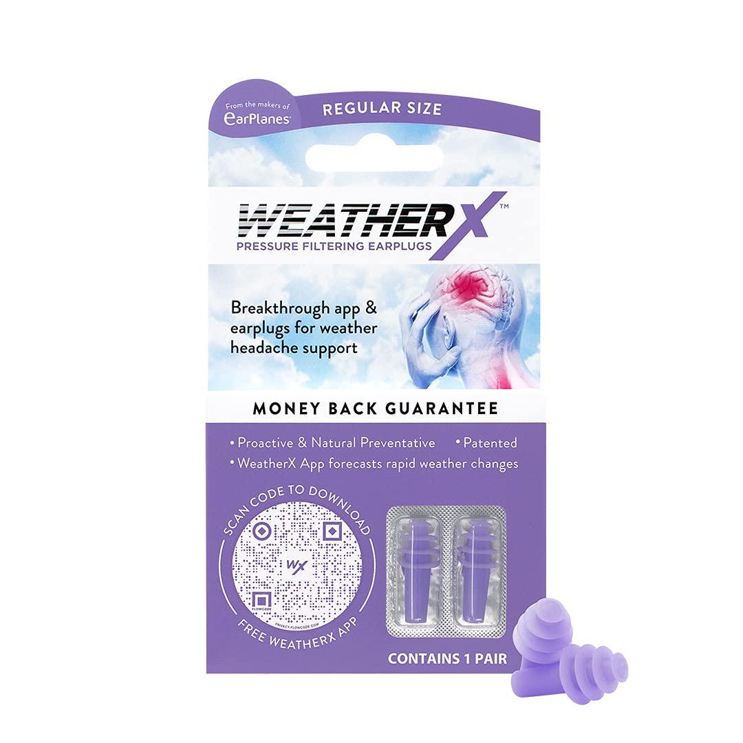 WeatherX WeatherX Headache Prevention Pressure Filtering Earplug for Shifts in Barometric Weather Pressure, Download Free Alert app (Regular 1 PK)