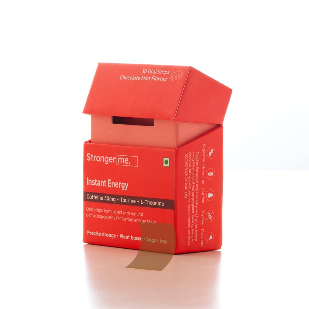 Stronger me. Stronger Me Energy Supplement with Plant Based 50 mg Caffeine, Taurine, L-Theanine, Vitamin B5, B6, B9, B12 for Enhanced Performance and Reduced Fatigue. Ideal for Pre-Workout and Sports Activities | Chocolate Mint Flavor | 30 Oral Strips.