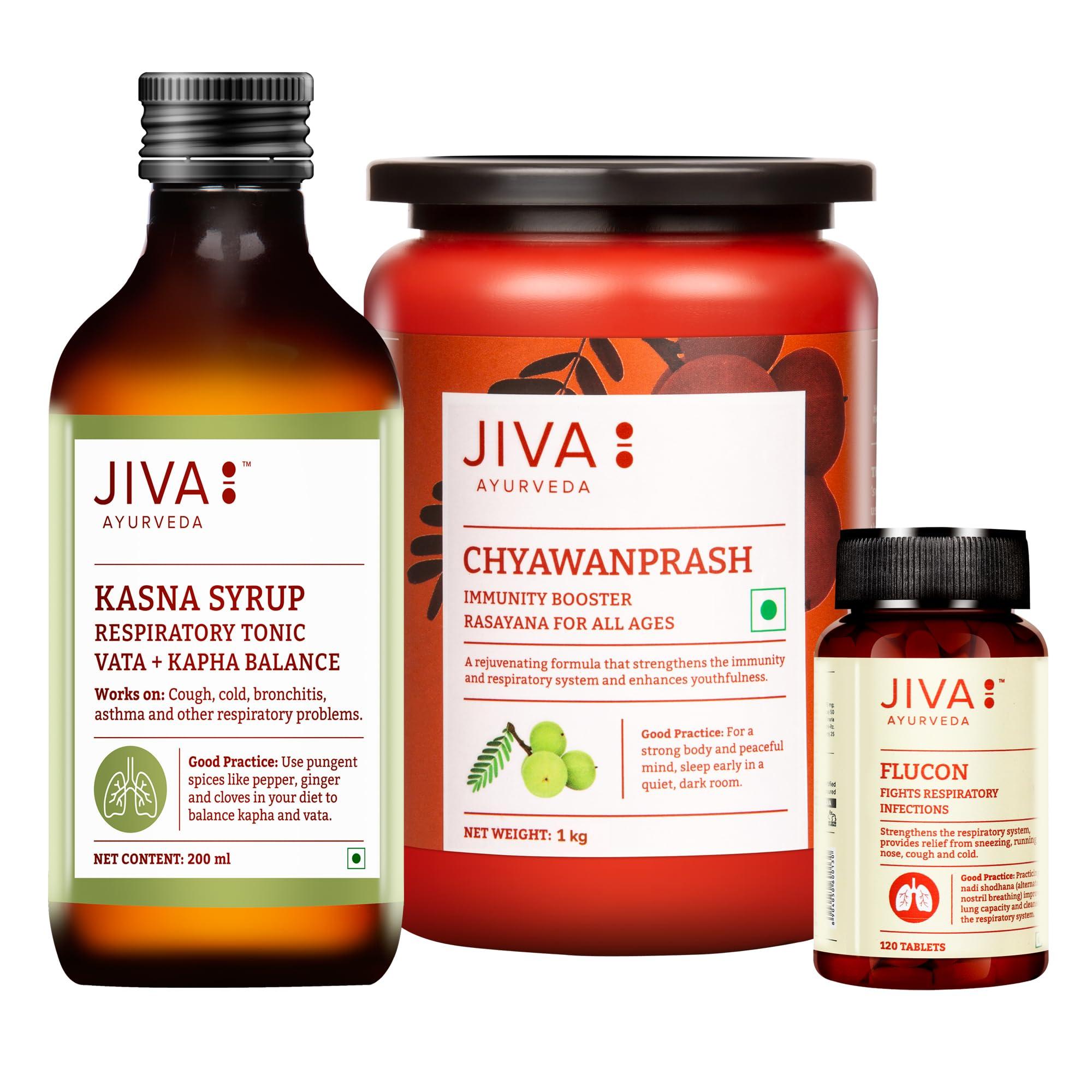 Jiva Jiva Cough & Cold Combo | Kasna Syrup 200ml | Ayurvedic Chyawanprash 1Kg | Flucon 120 Tablet | (Combo of 3)