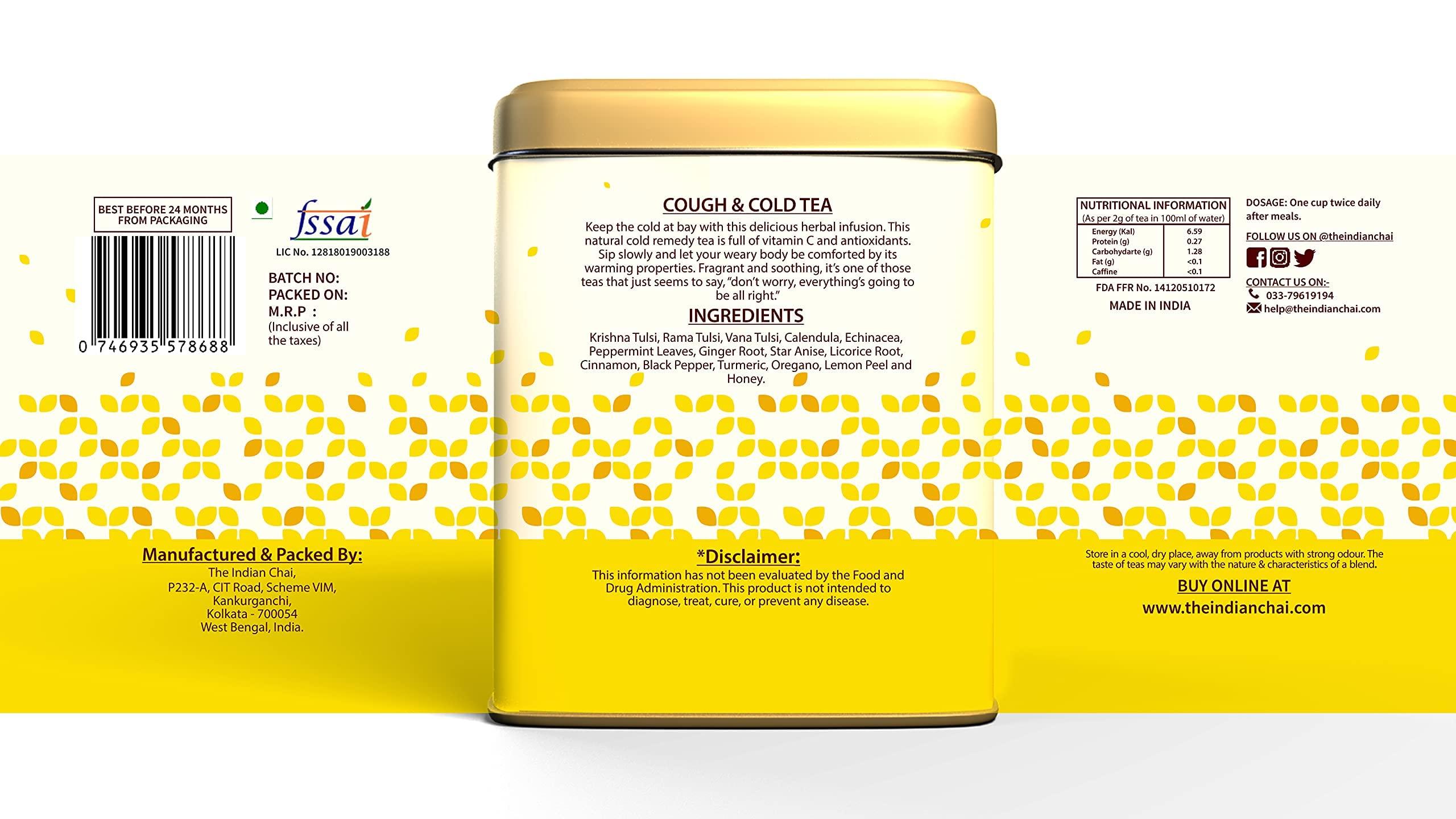 The Indian Chai The Indian Chai - Cough & Cold Tea 100g with Echinacea, Honey & Lemon etc for Sore Throat, Runny Nose and Congestion Relief, Caffeine Free Herbal Tea